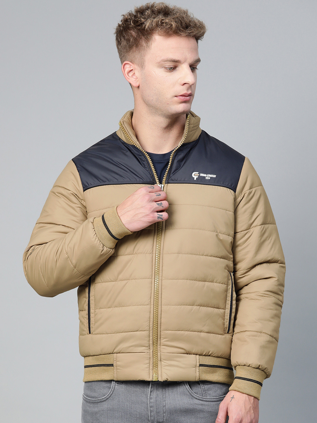

Fort Collins Men Beige & Navy Solid Bomber Jacket With Colorblocked Detail