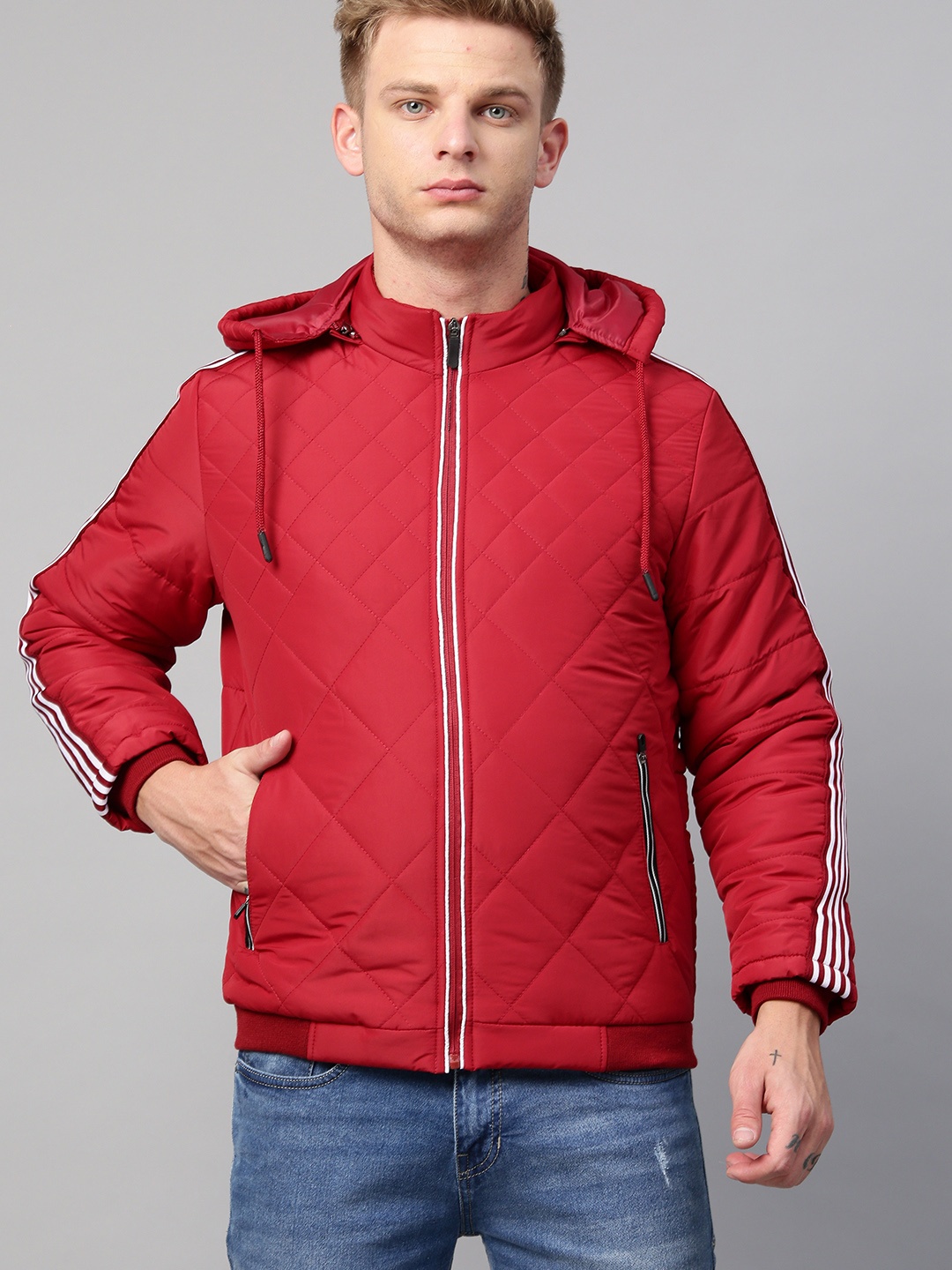

Fort Collins Men Red Solid Hooded Bomber Jacket