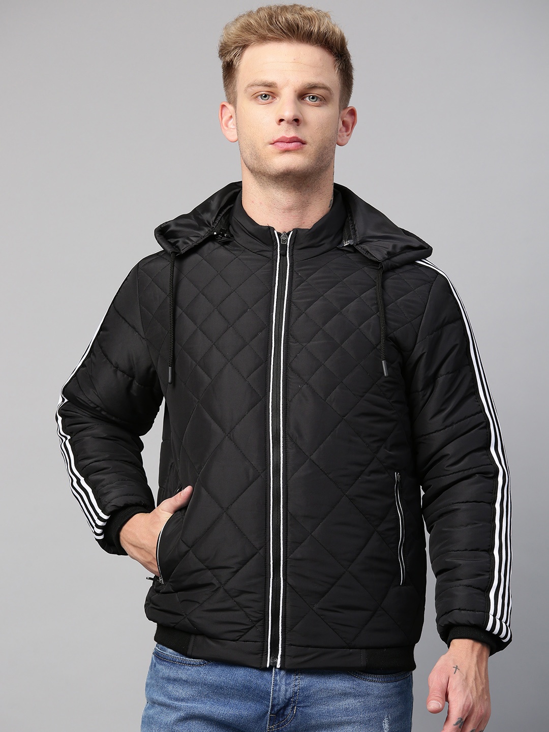 

Fort Collins Men Black Solid Lightweight Detachable Hood Quilted Jacket