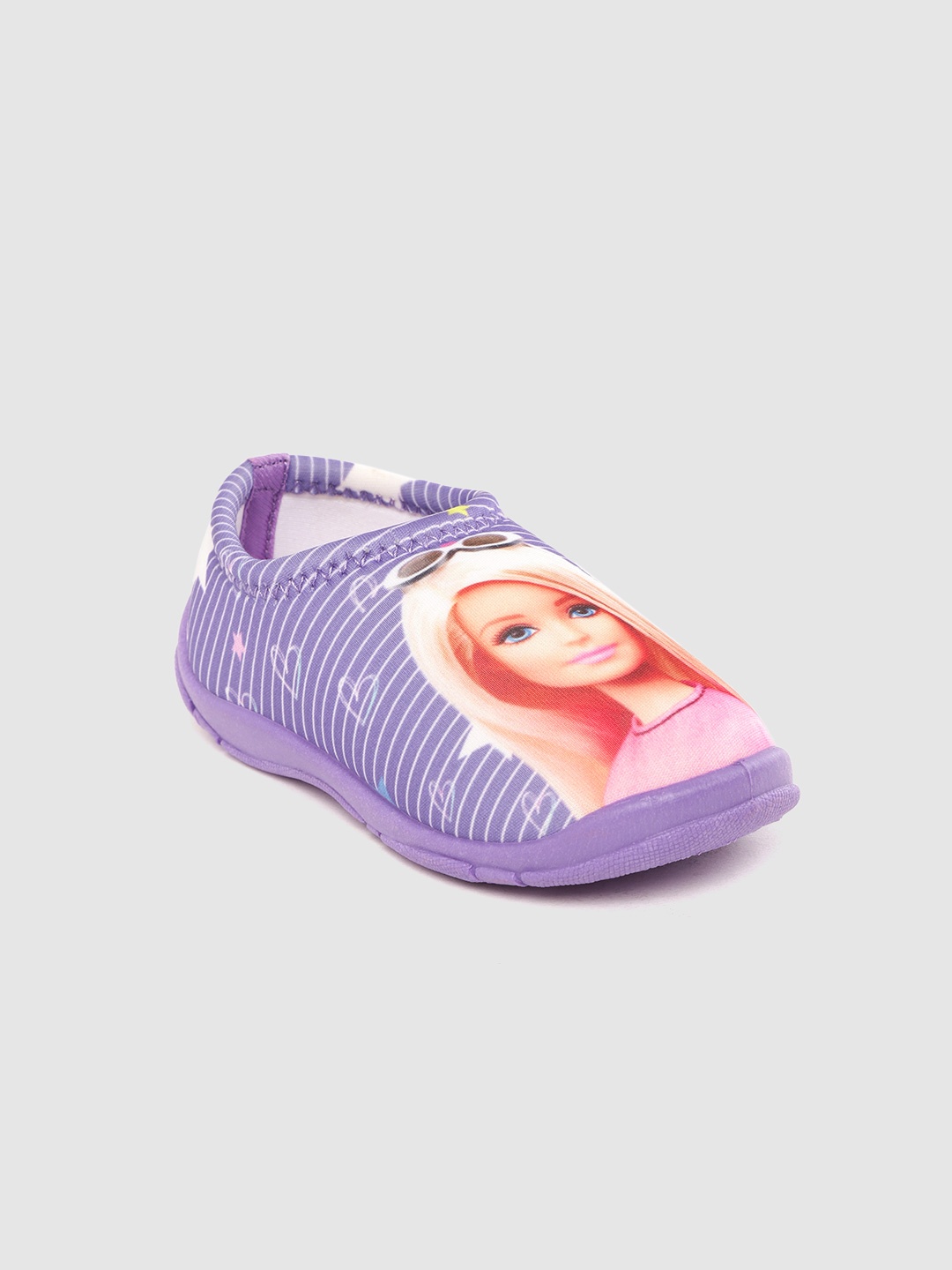

toothless Girls Purple & White Striped Slip-On Sneakers with Barbie Print Detail