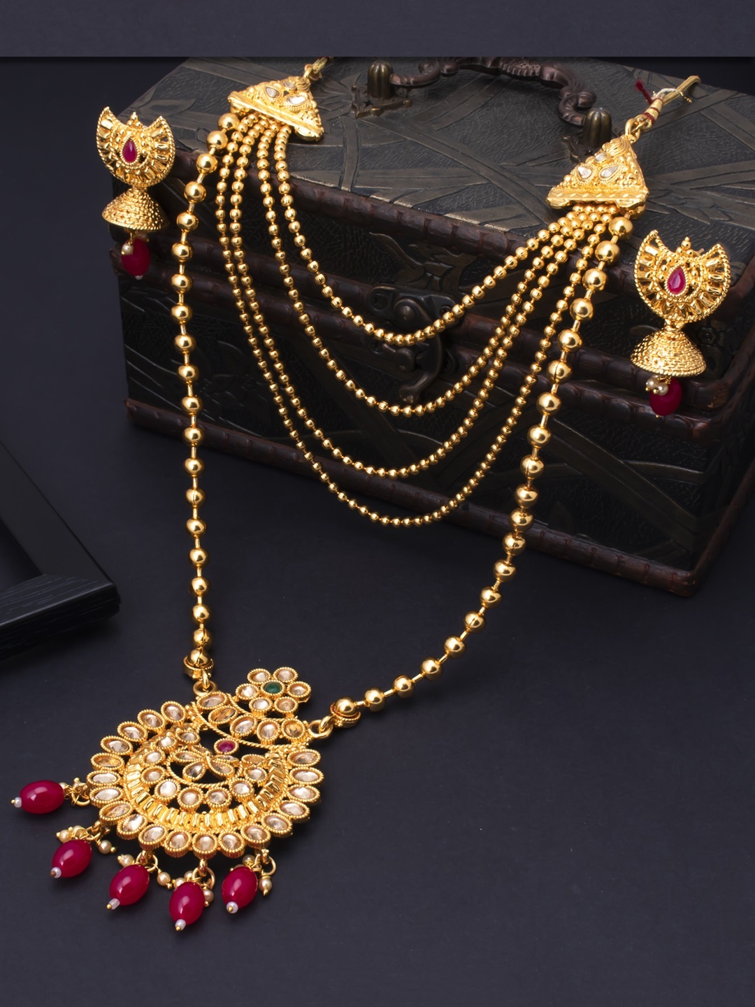 

Sukkhi Gold-Plated Red & White Stone-Studded Haram Jewellery Set