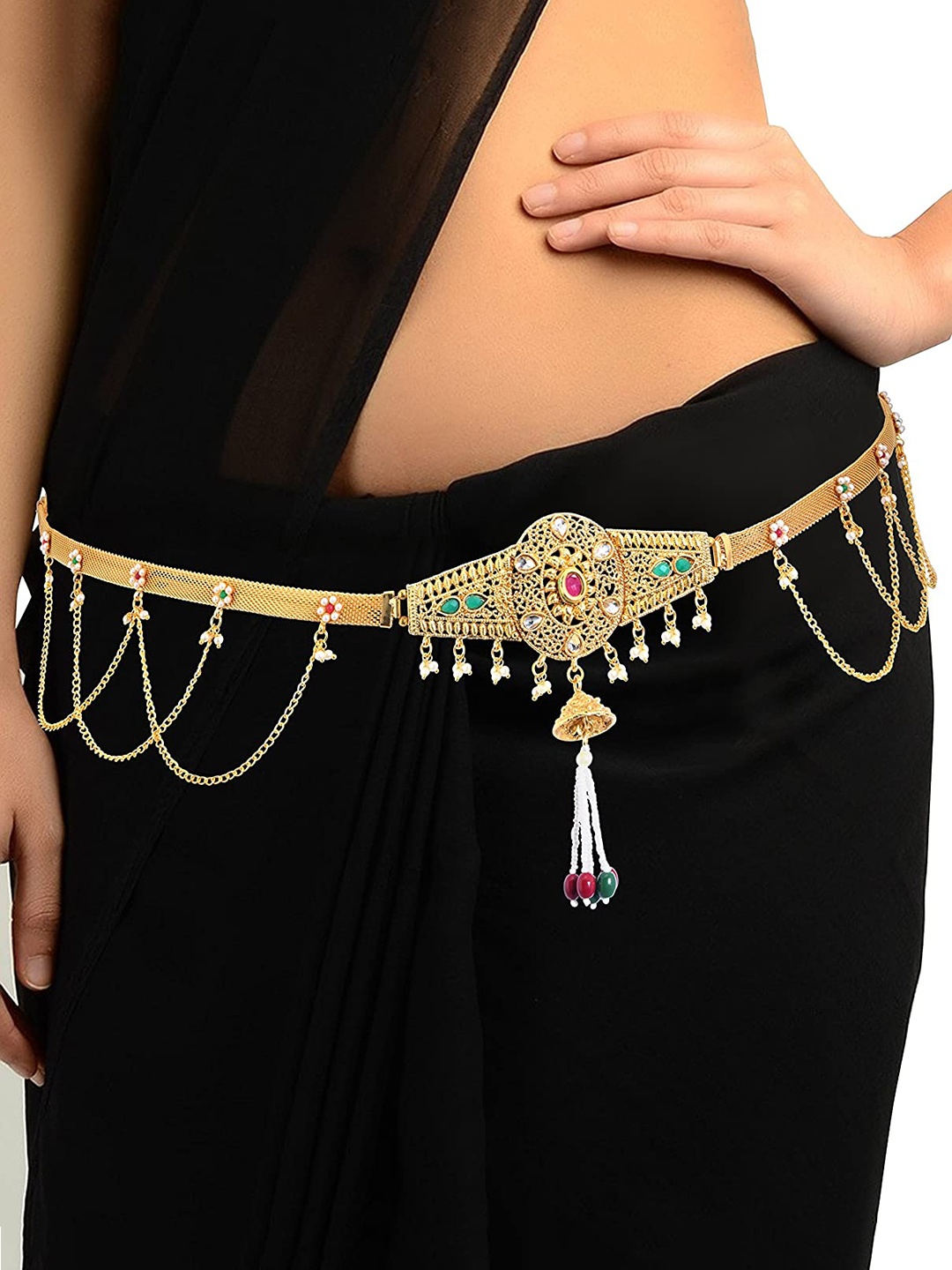 

Sukkhi Gold-Plated White & Green Stone-Studded Beaded Kamarbandh