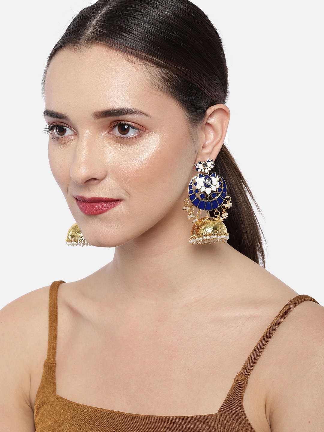 

Sukkhi Gold-Plated & Blue Meenakari Dome Shaped Jhumkas