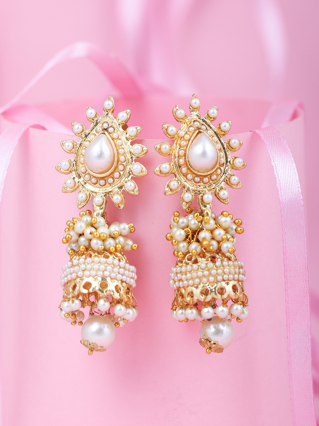 

Sukkhi Gold-Plated & Off-White Dome Shaped Jhumkas