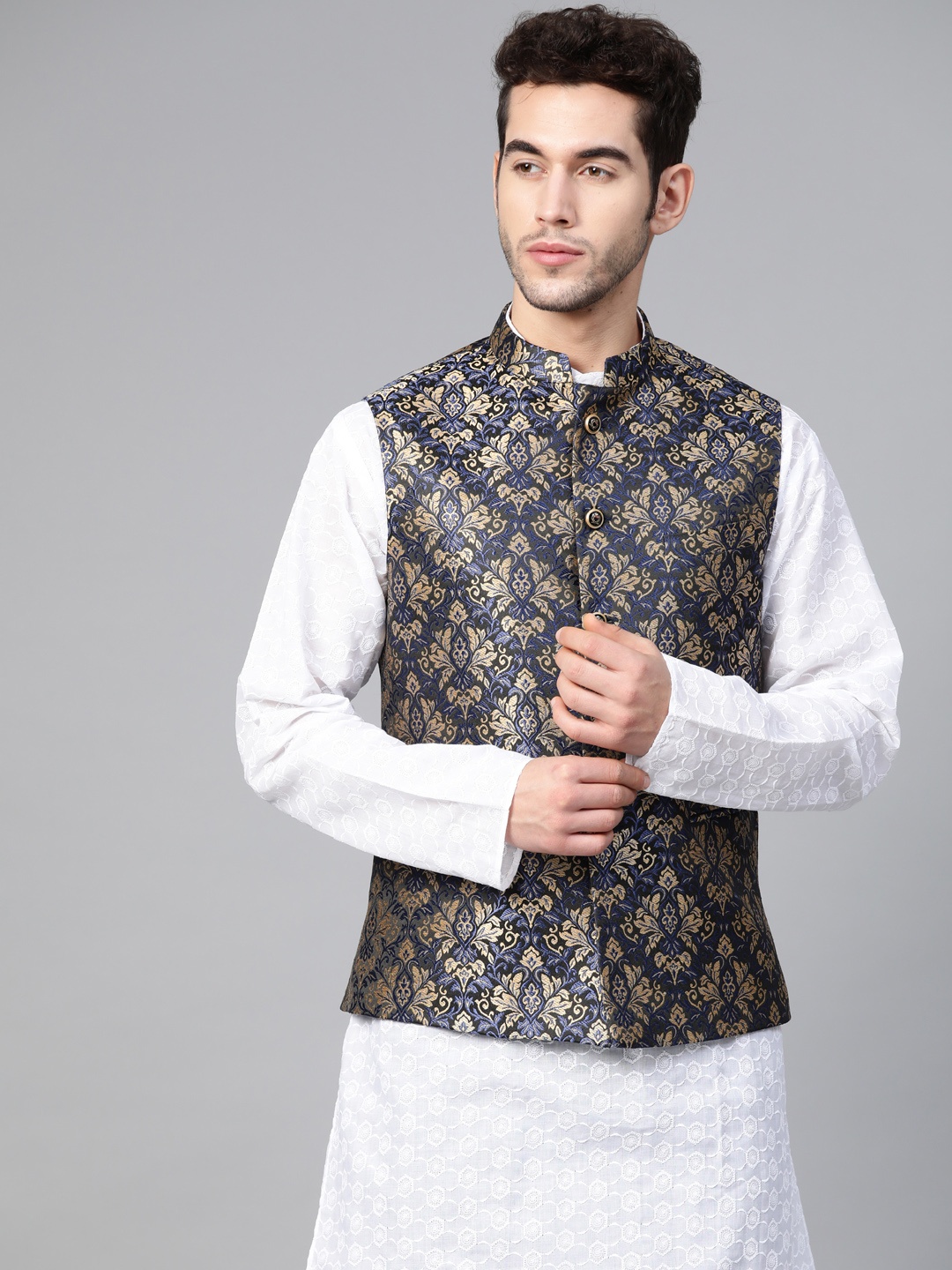 

MANQ Men Navy Blue & Beige Woven Design Nehru Jacket