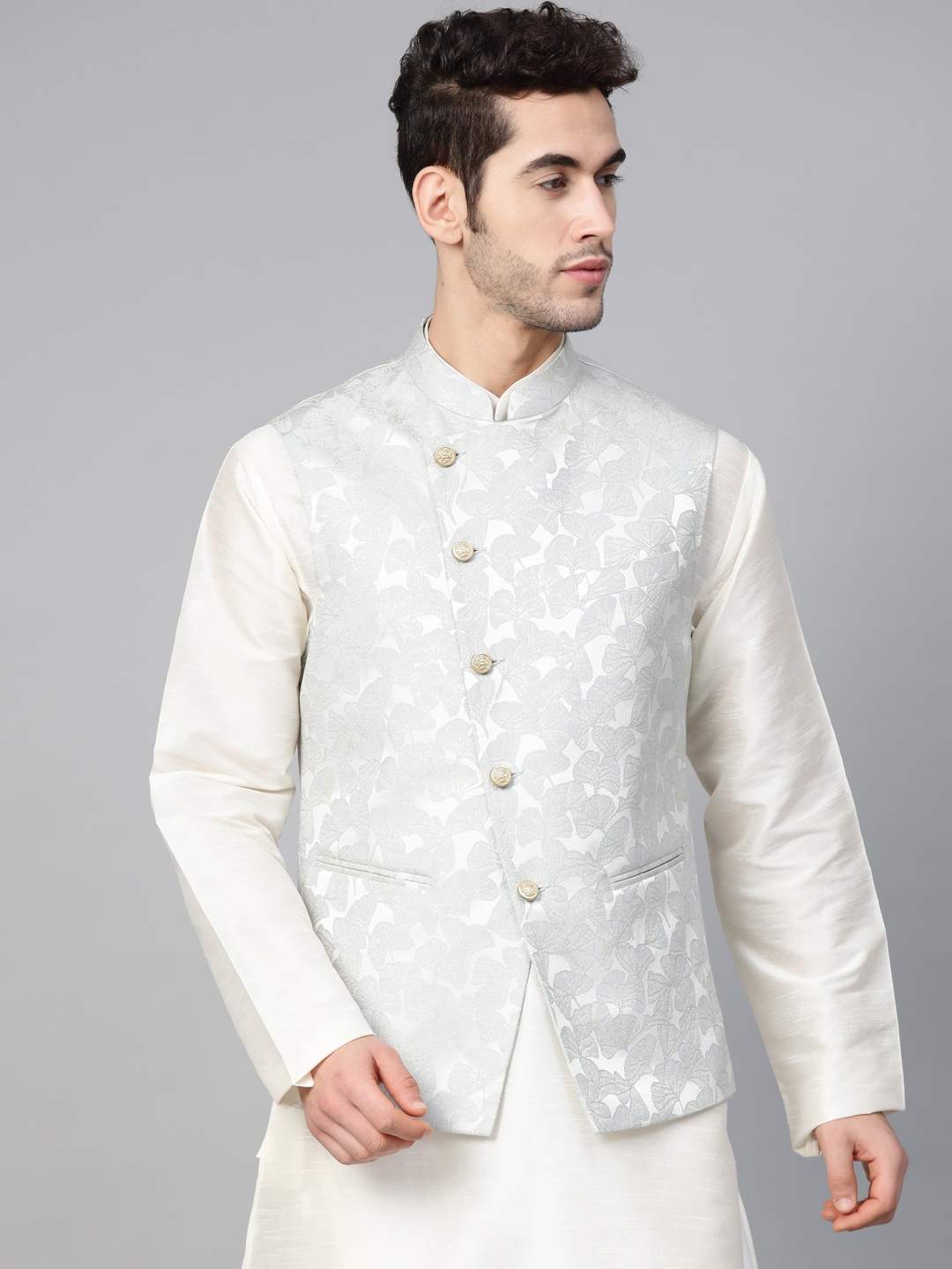 

MANQ Men Blue & Golden Woven Design Nehru Jacket