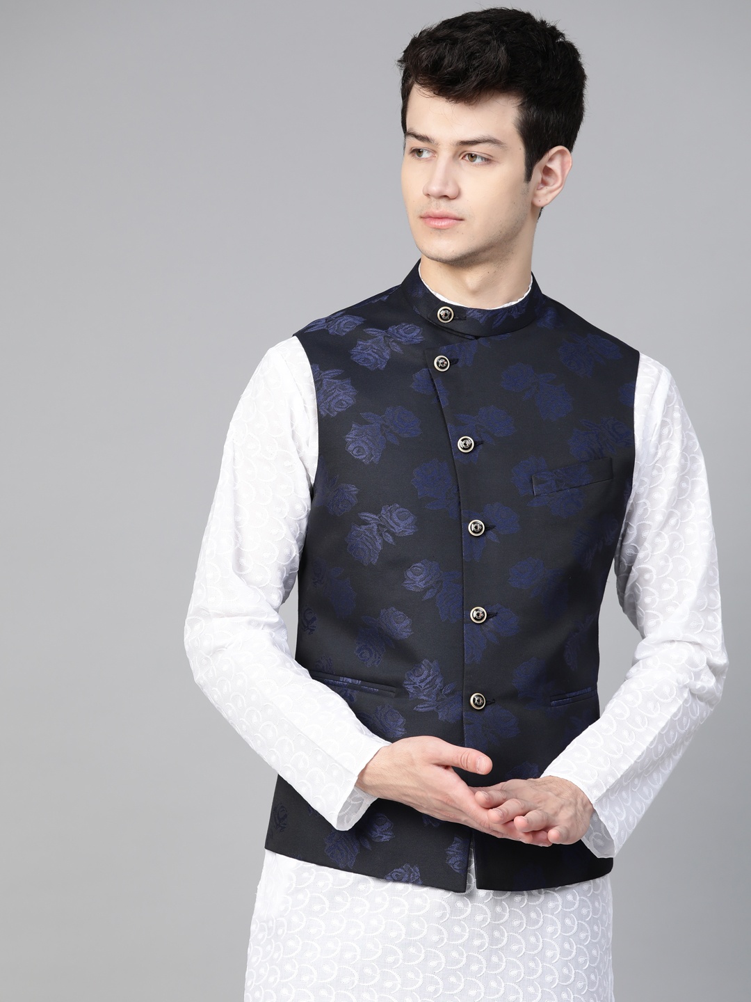 

MANQ Men Navy Blue Woven Design Nehru Jacket