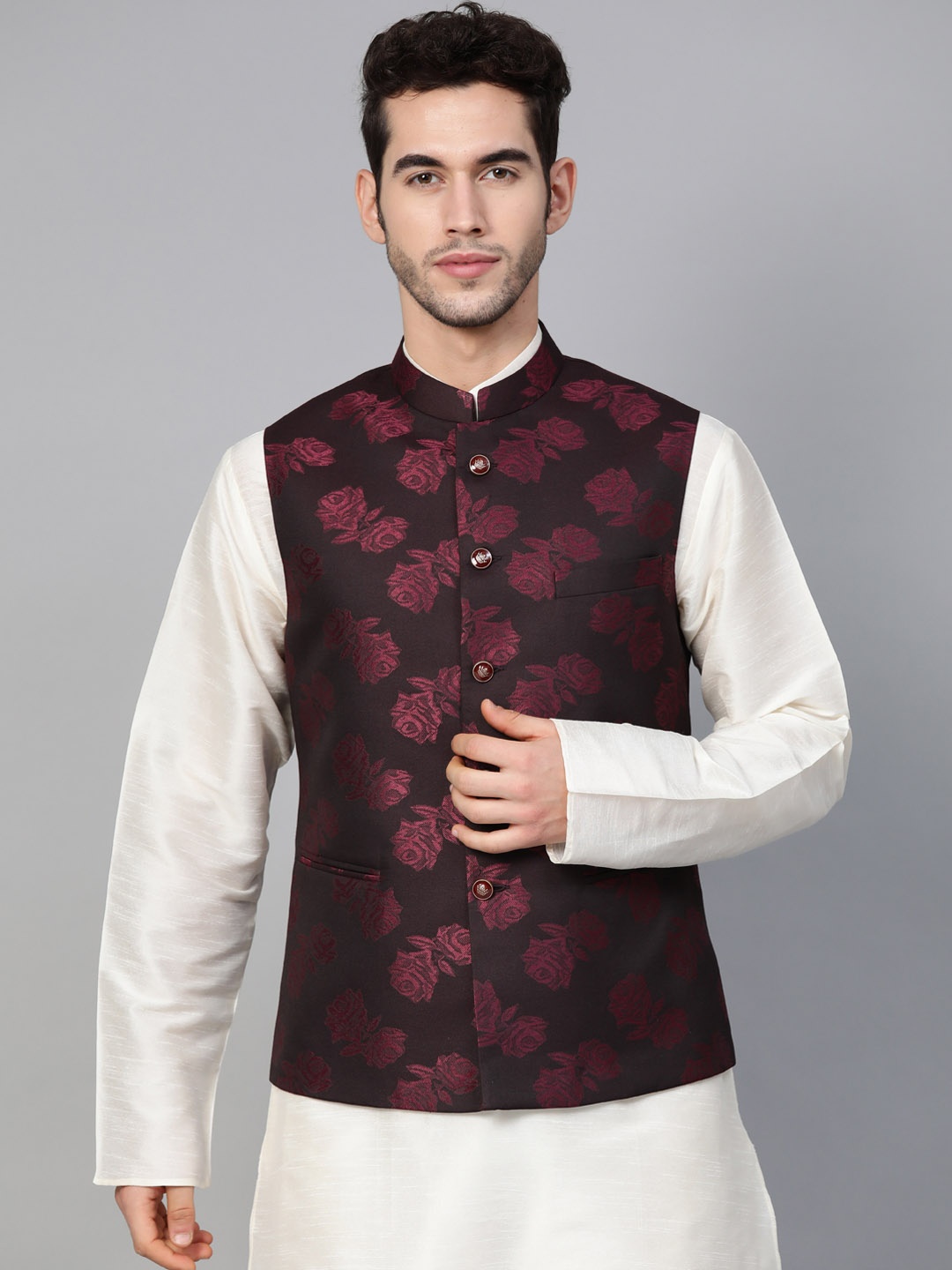 

MANQ Men Burgundy Woven Design Nehru Jacket