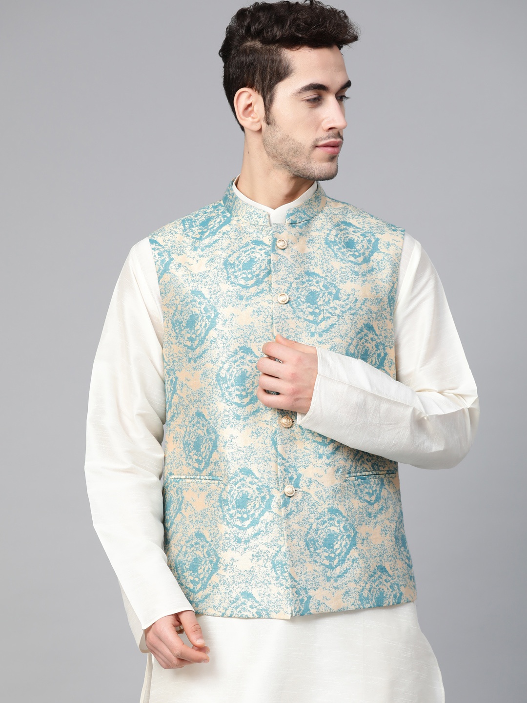 

MANQ Men Beige & Blue Woven Design Nehru Jacket