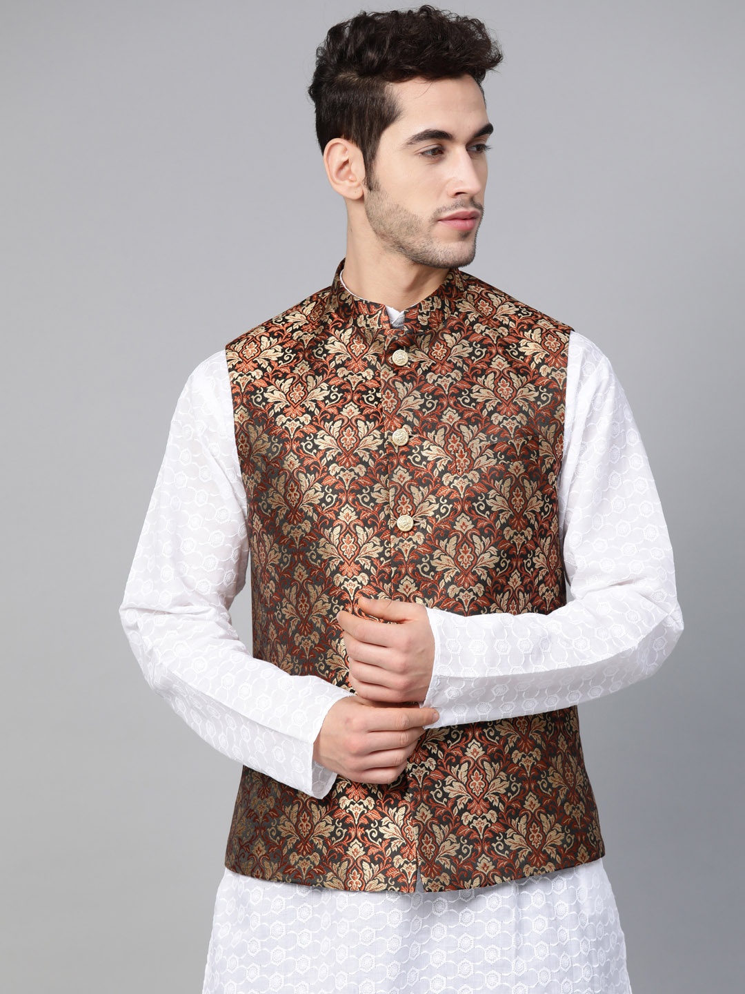 

MANQ Men Charcoal Grey & Beige Woven Design Nehru Jacket