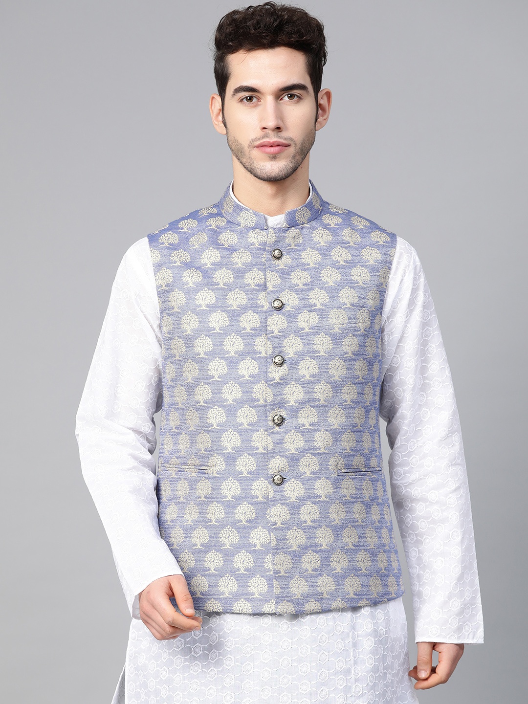 

MANQ Men Blue & Beige Woven Design Nehru Jacket