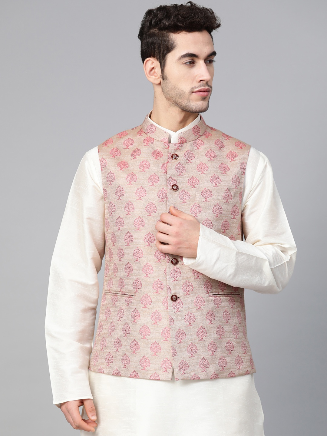 

MANQ Men Beige & Pink Woven Design Nehru Jacket