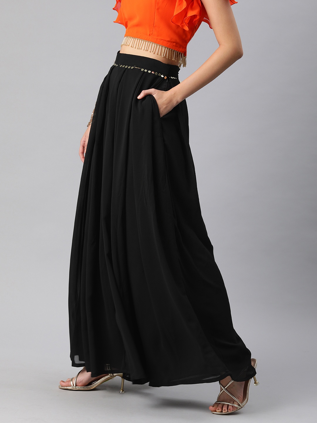 

Inddus Women Black Solid Flared Palazzos with Sequinned Detail