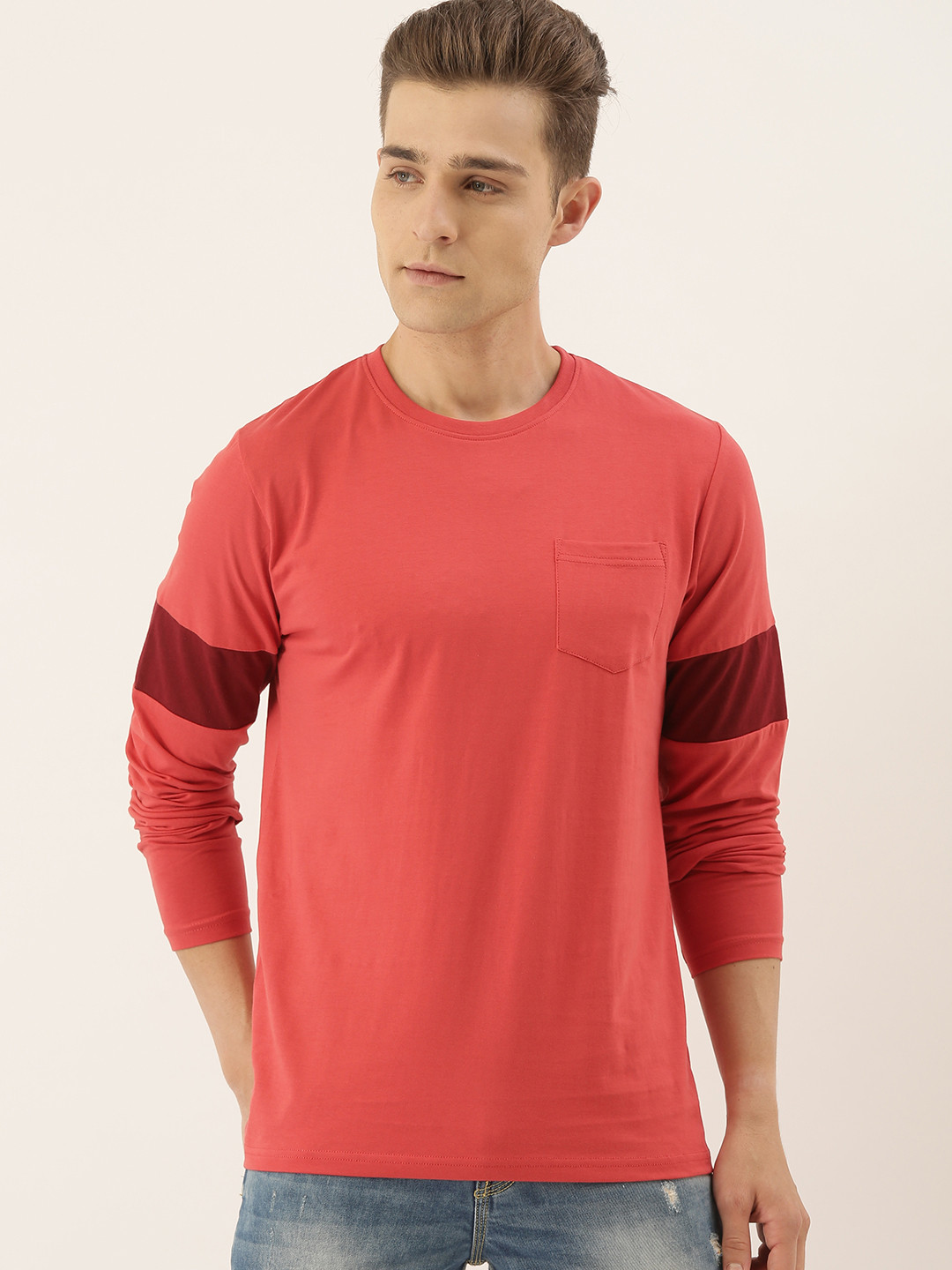 

DILLINGER Men Coral Red Solid Round Neck T-shirt