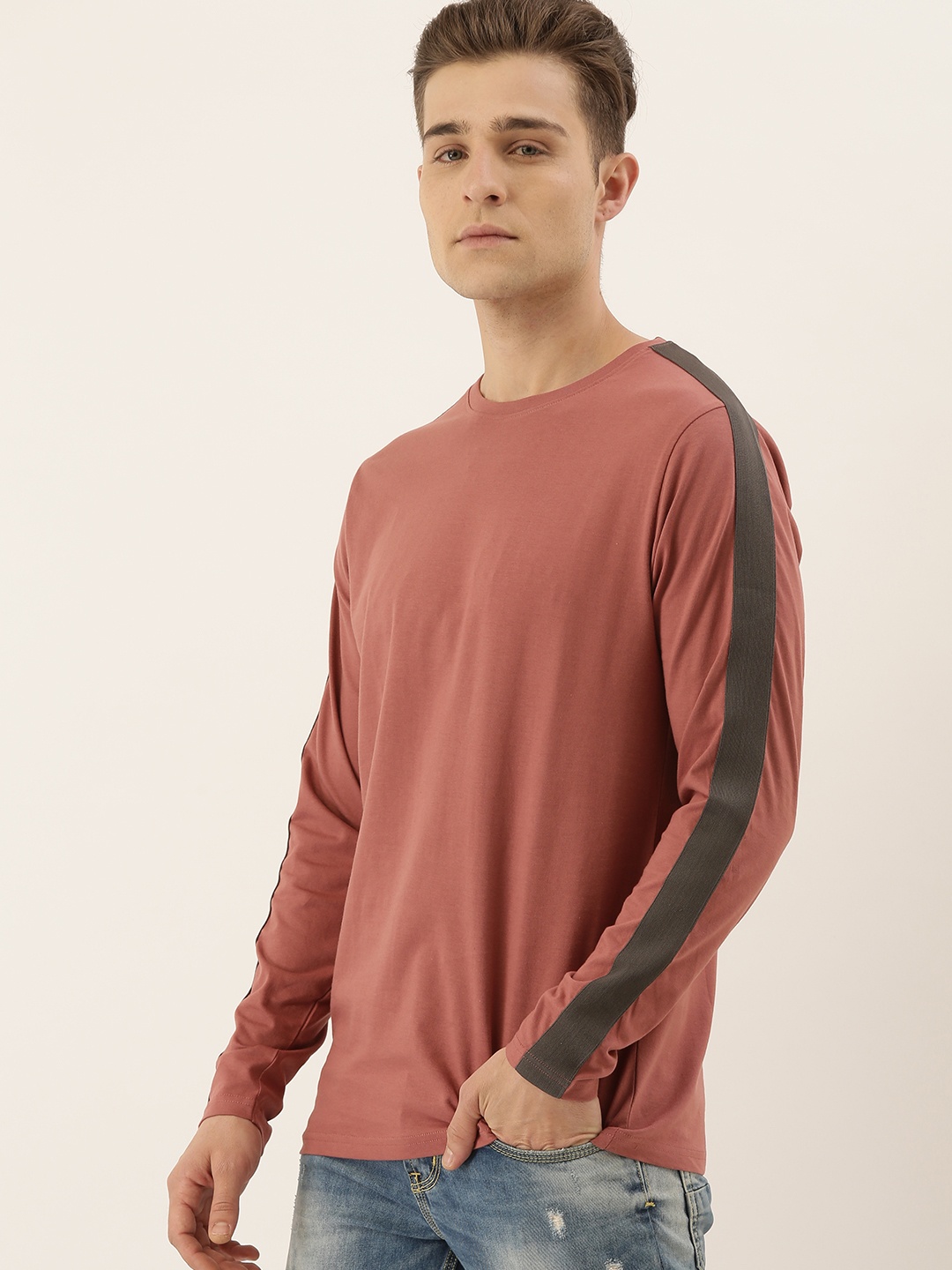 

DILLINGER Men Pink Solid Round Neck Side Striped Pure Cotton T-shirt