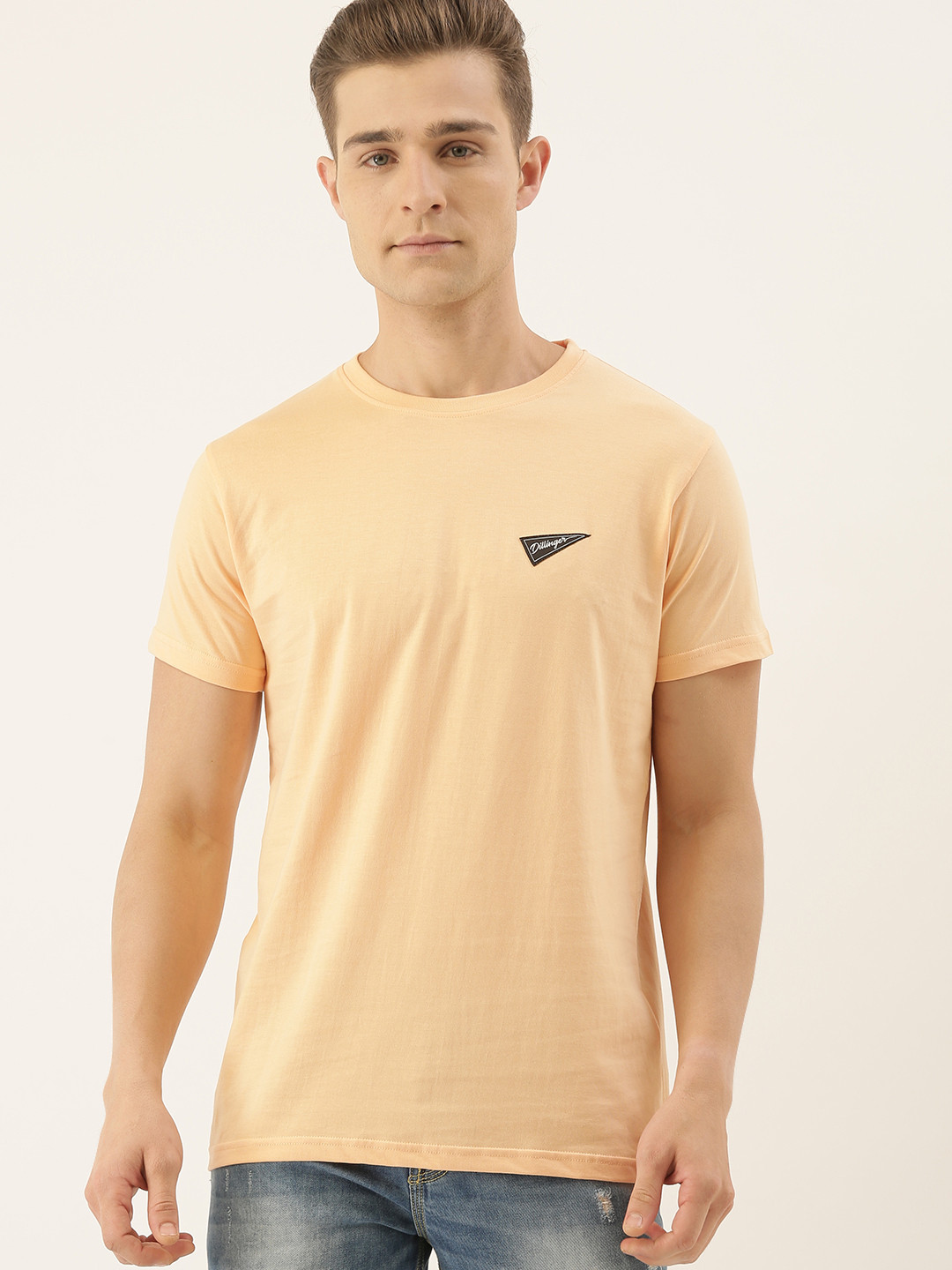 

DILLINGER Men Peach-Coloured Solid Round Neck Pure Cotton T-shirt