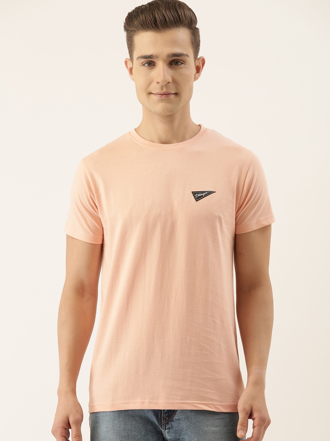 

DILLINGER Men Peach-Coloured Solid Round Neck T-shirt