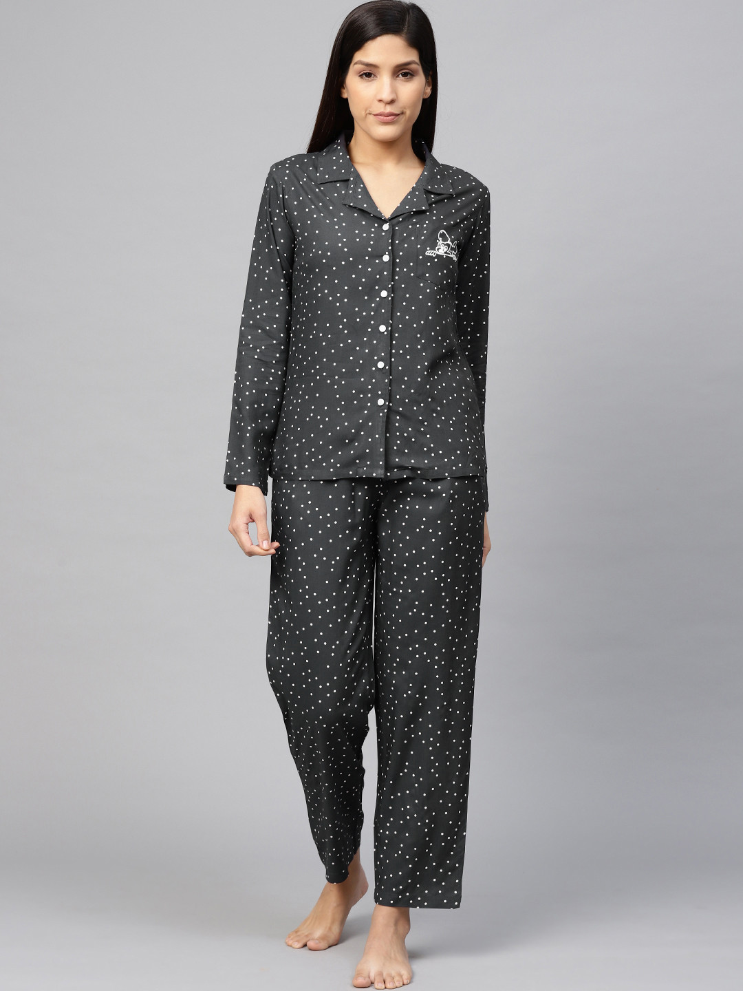 

YASH GALLERY Women Charcoal & White Printed Night suit