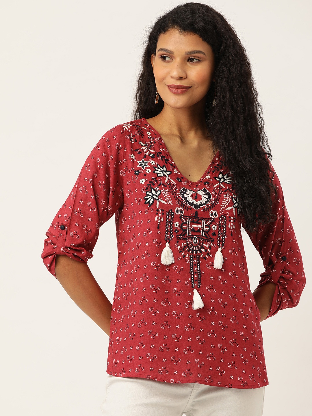 

Antheaa Women Red & White Floral Print Tunic with Embroidered Detail