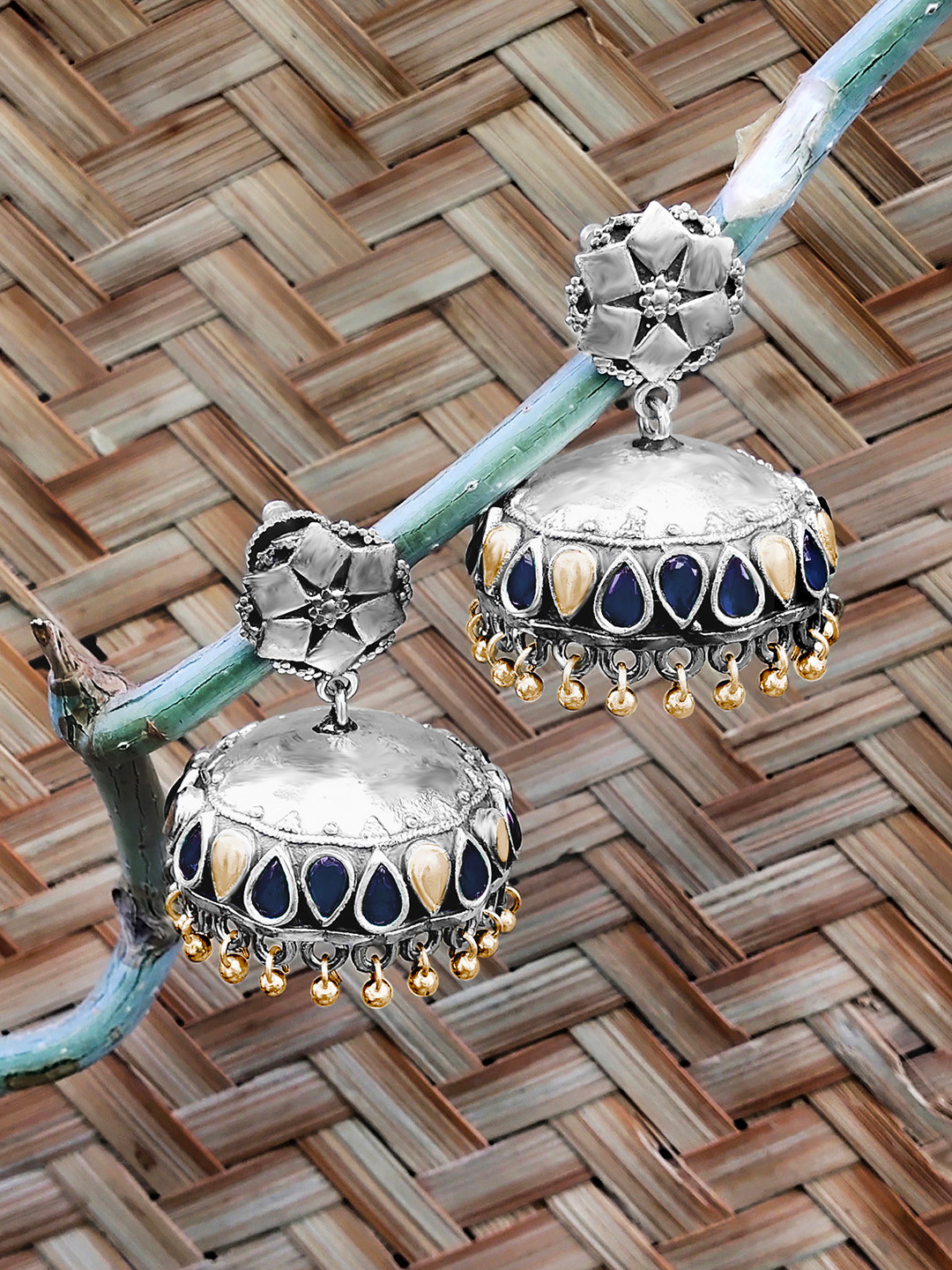 

Peora Silver-Plated & Gold-Toned Oxidised Dome Shaped Jhumkas