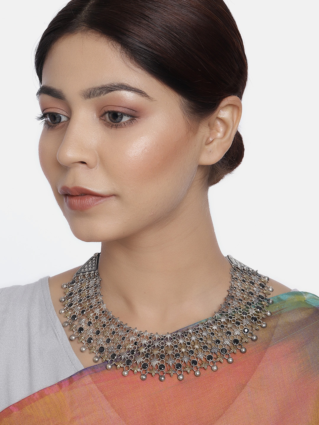 

Peora Silver-Plated & Black Afghani Tribal Oxidised Choker Necklace Jewellery