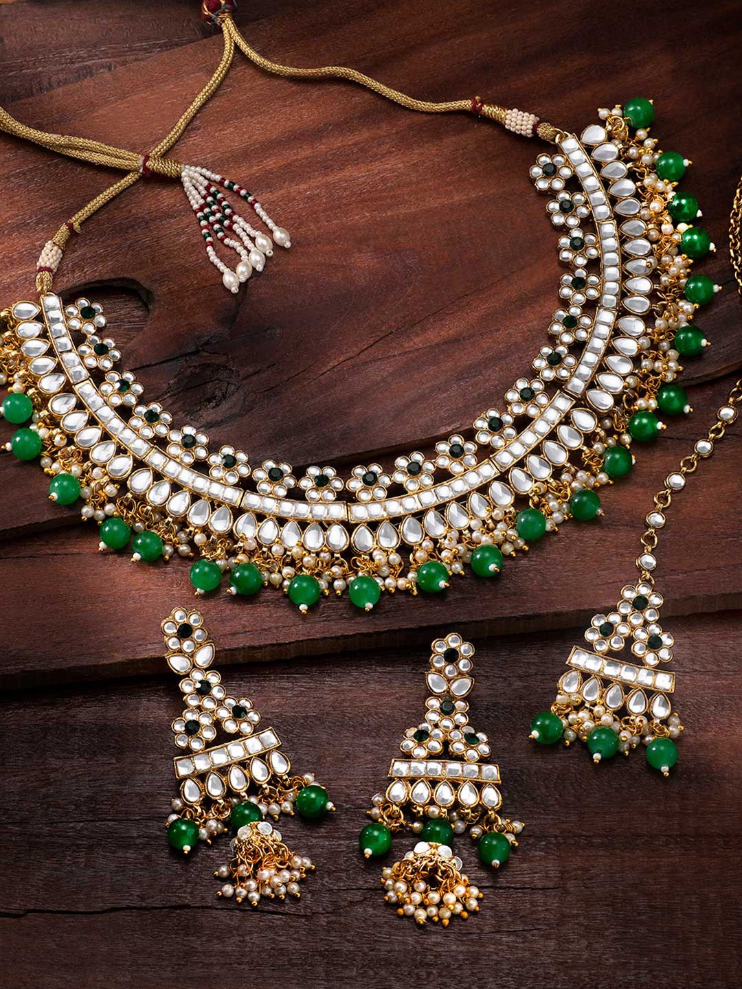 

Peora Gold Plated And Green Kundan Faux Pearl Studded Jewellery Set