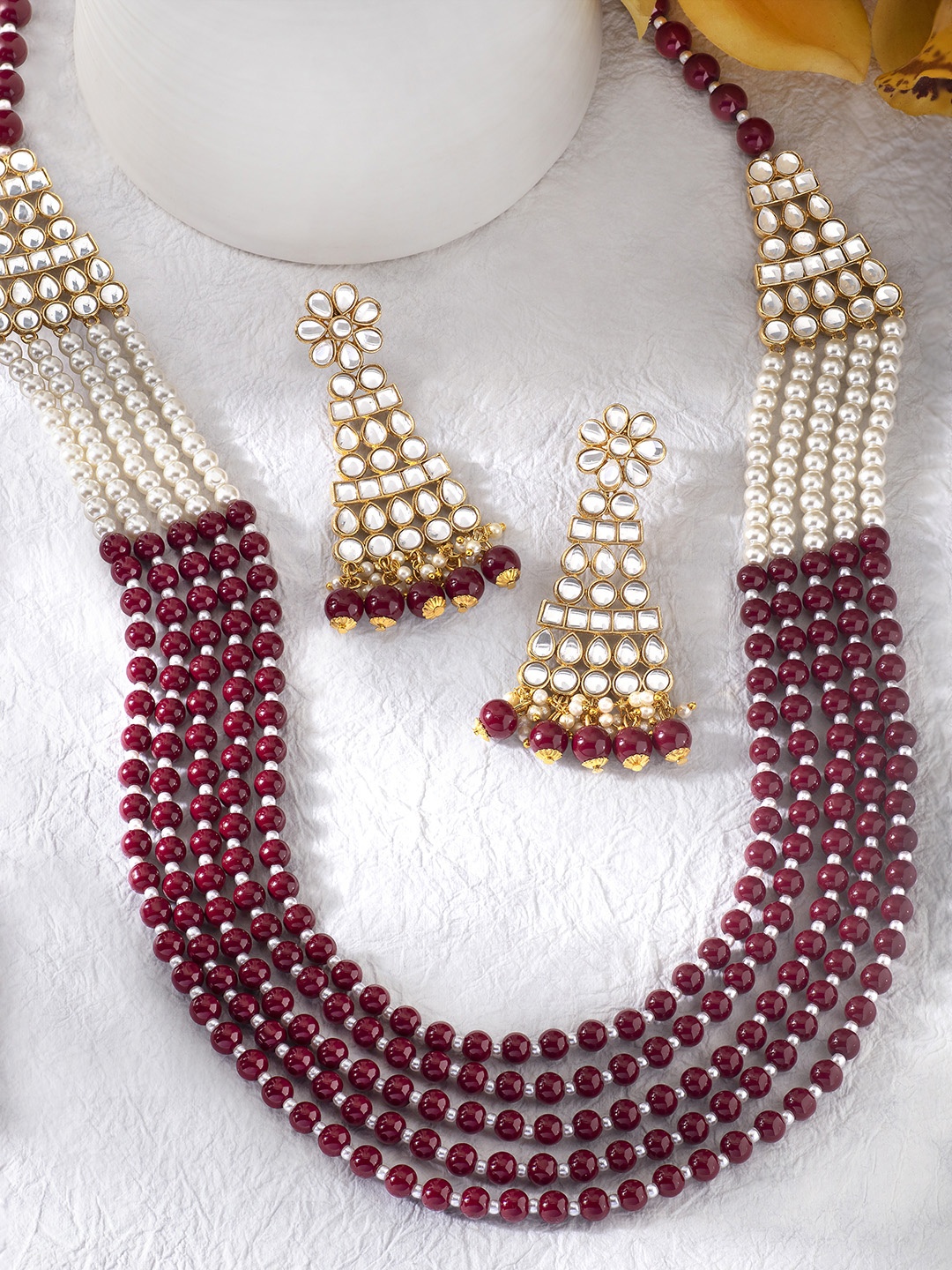 

Peora Maroon & White Multistrand Long Necklace with Earrings