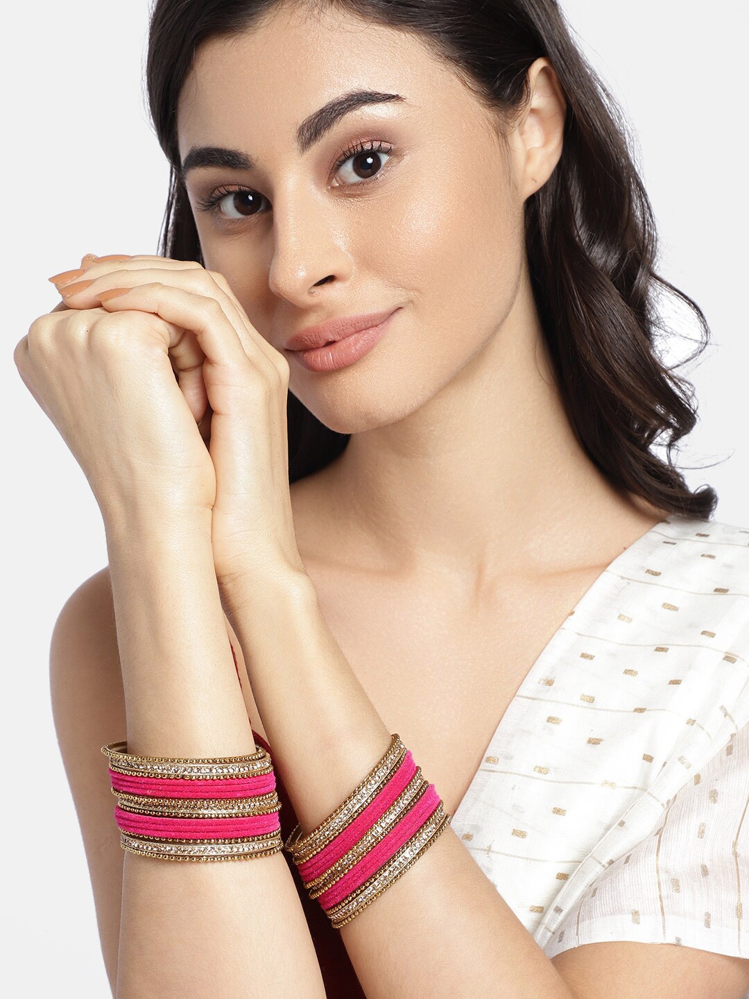

Peora Pink & Green Gold Plated Kundan Chuda Chura Bangle Set, Red