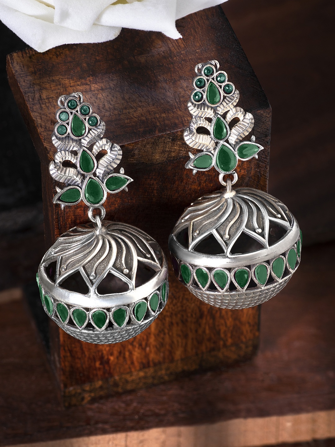 

Peora Oxidised Green Silver-Plated Afghani Tribal Spherical Drop Earrings