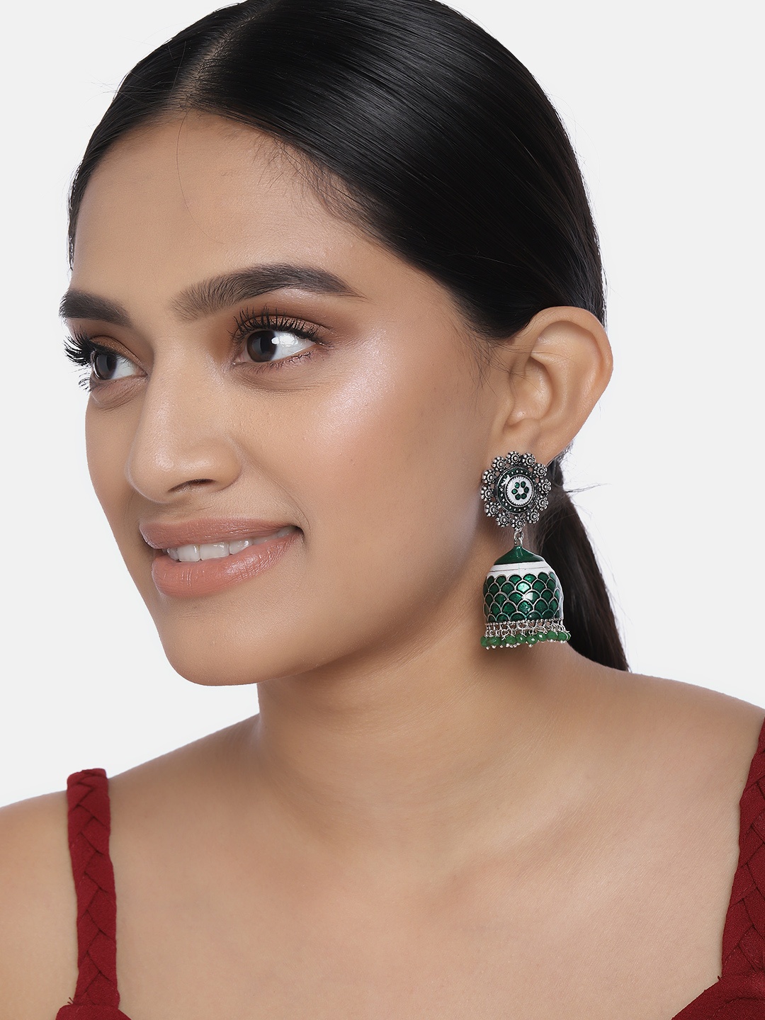 

Peora Silver-Plated & Green Dome Shaped Jhumkas