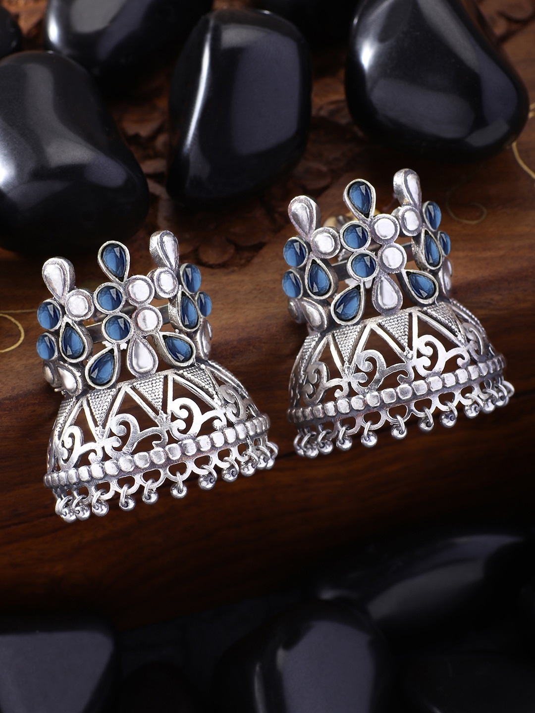 Peora Silver-Plated & Blue Contemporary Drop Earrings