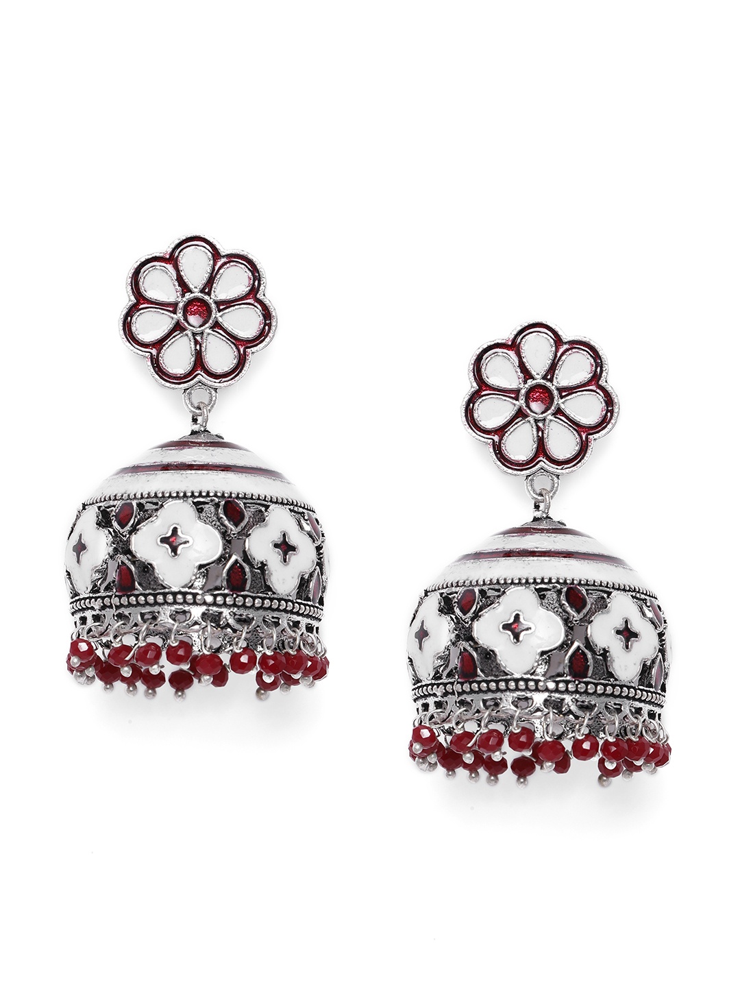 

Peora Maroon & Silver-Toned Meenakari Dome Shaped Jhumkas