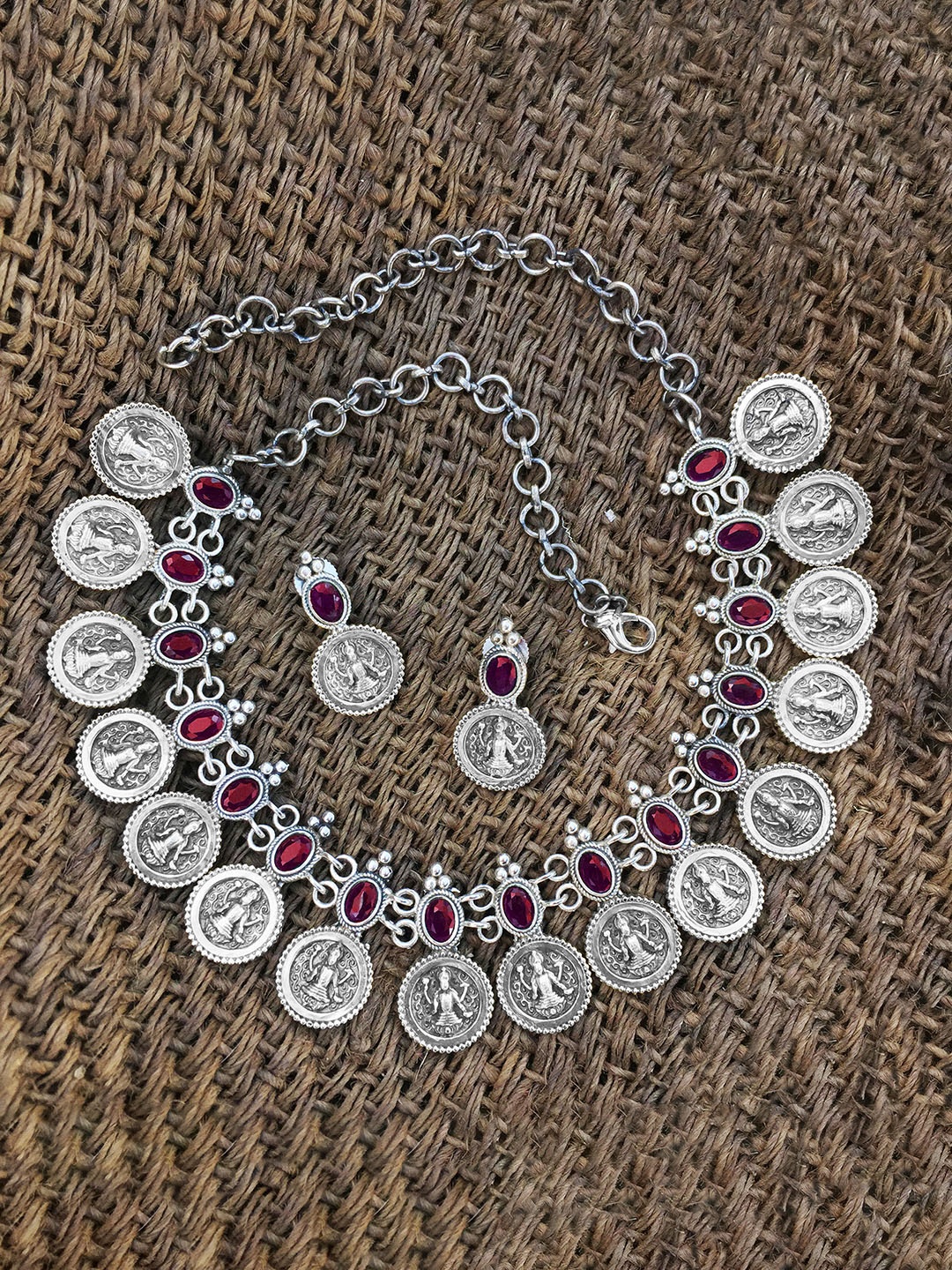 

Peora Silver-Toned Indian Traditional Afghani Tribal Silver Oxidized Jewellery Set, Red