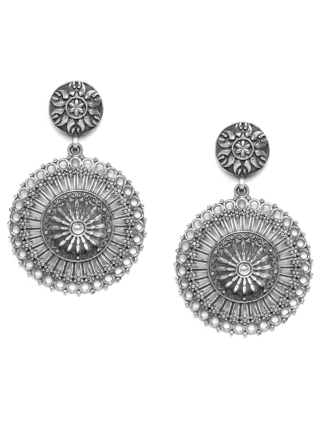

Peora Silver-Plated Oxidised Circular Drop Earrings