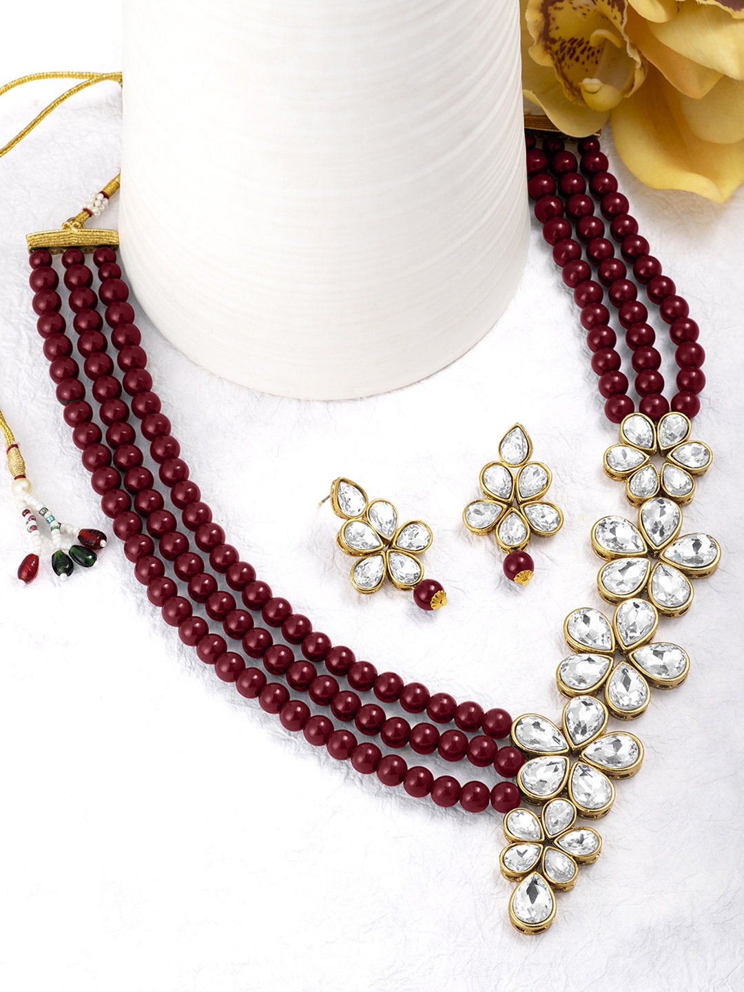 Peora Gold-Plated & Maroon Floral Crystal & Pearl Studded Jewellery Set