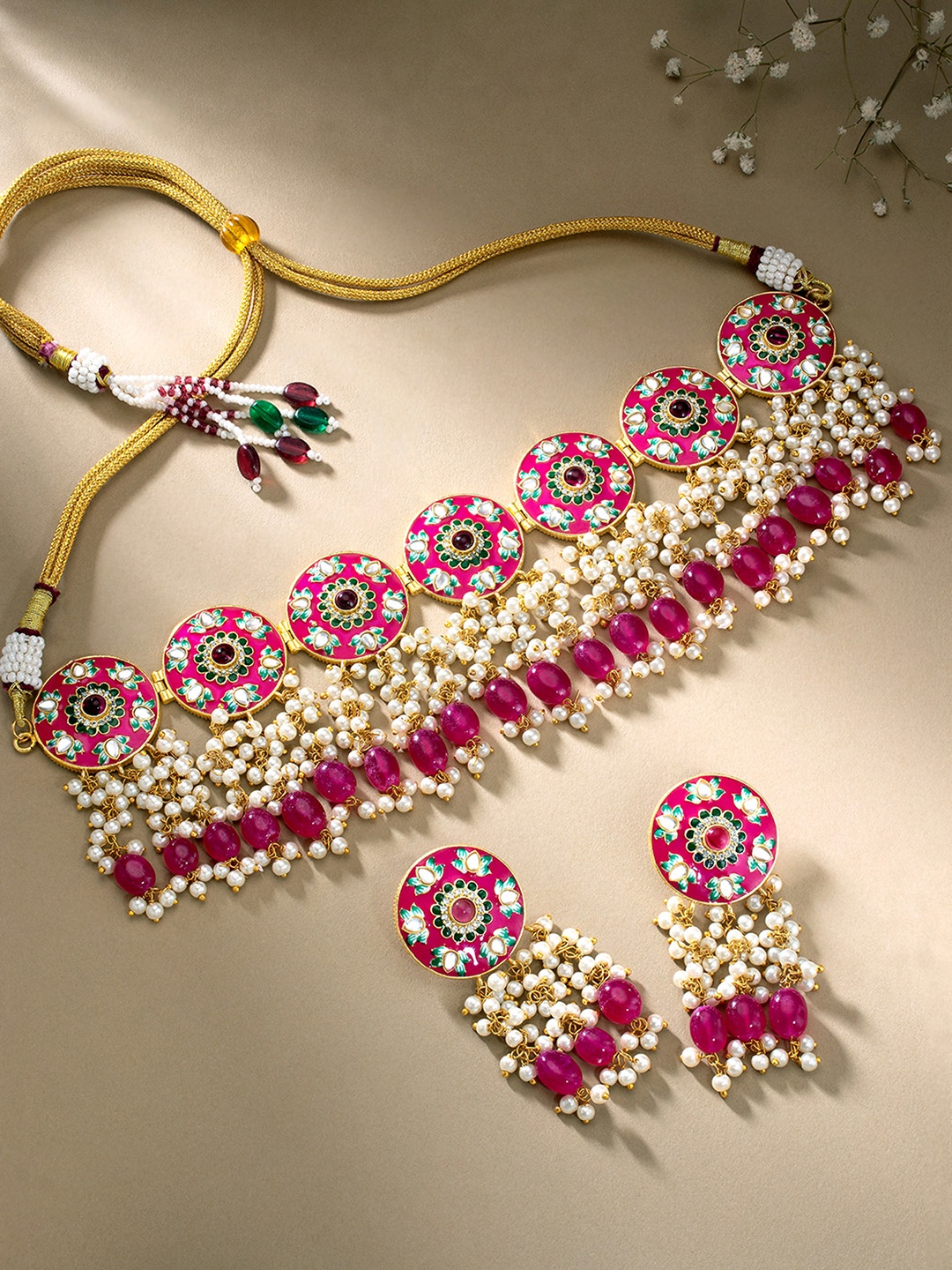 

Peora Red Gold-Plated Wedding Bridal Pearl Studded Jewellery Set, Magenta