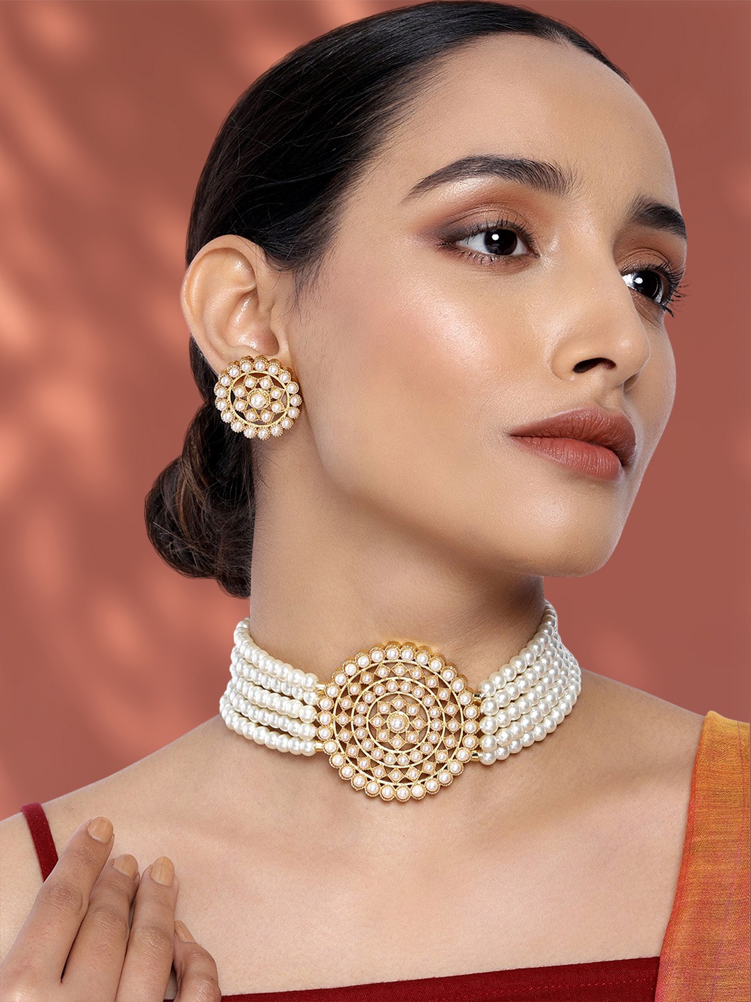 

Peora White & Gold Plated Pearl Studded Jewellery Set