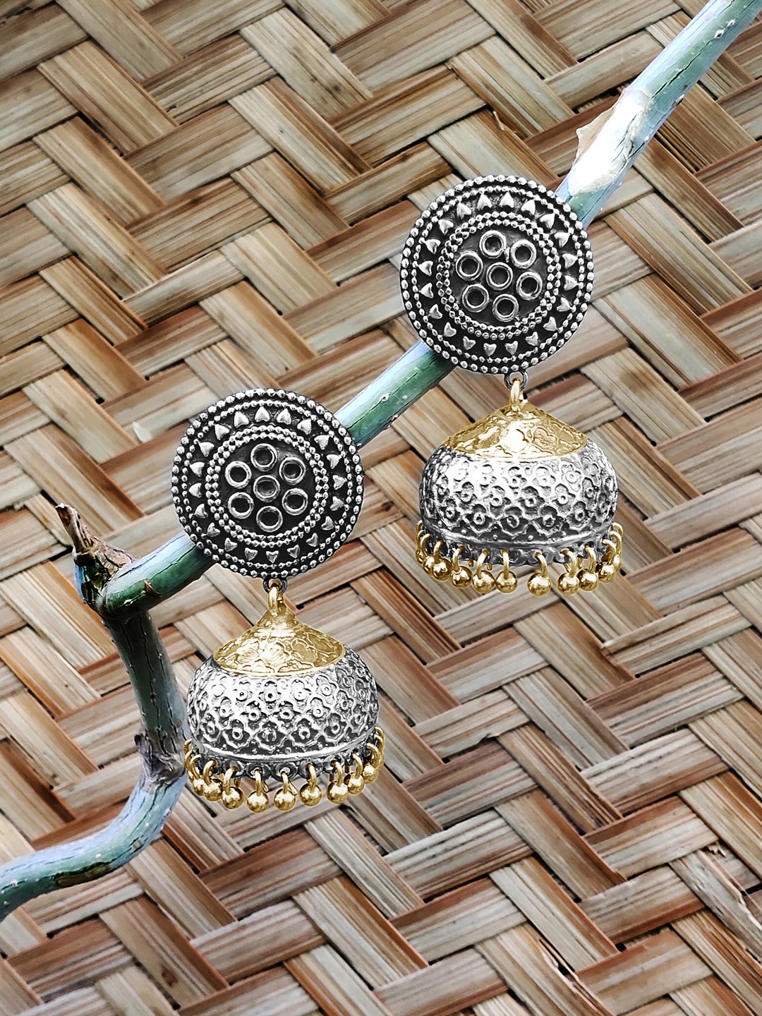 

Peora Gold-Toned Oxidised Silver-Plated Dome Shaped Jhumkas