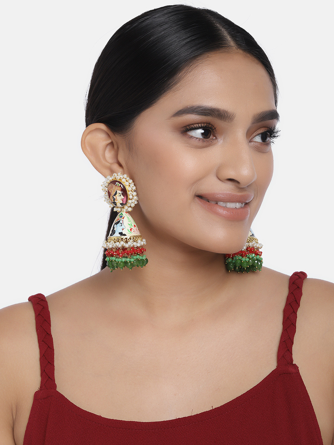 

Peora Cream-Coloured & Gold-Toned Enamelled Dome Shaped Jhumkas