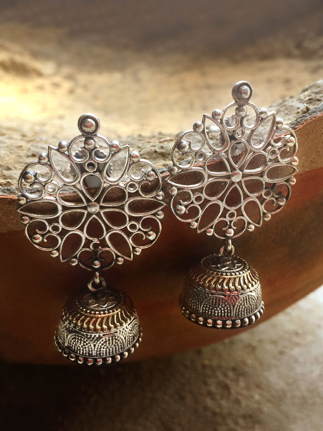 

Peora Oxidised Gold-Toned Silver-Plated Afghani Tribal Dome Shaped Jhumkas