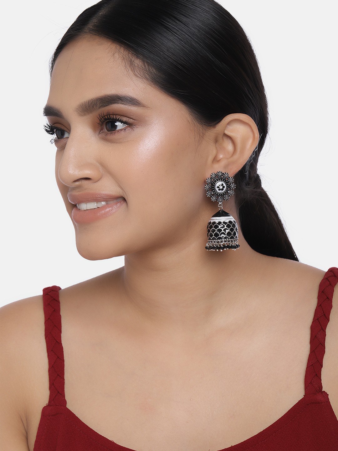 

Peora Silver-Plated & Black Enamelled Dome Shaped Jhumkas