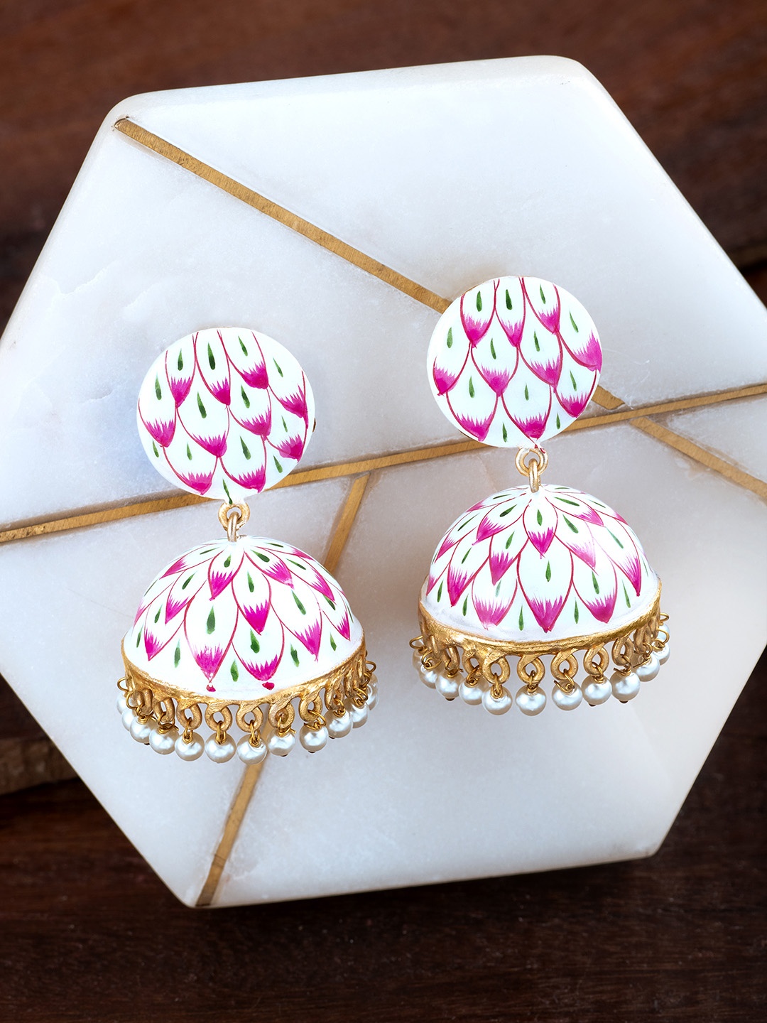 

Peora White Pink & Gold-Toned Enamelled Dome Shaped Jhumkas