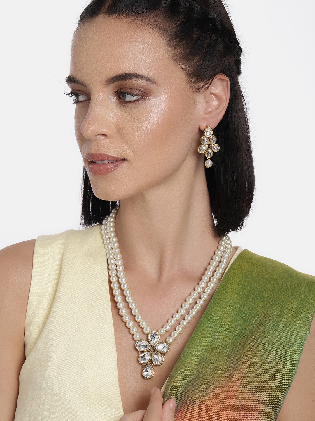 

Peora Gold Plated & White Crystal Pearl Long Necklace with Drop Earrings