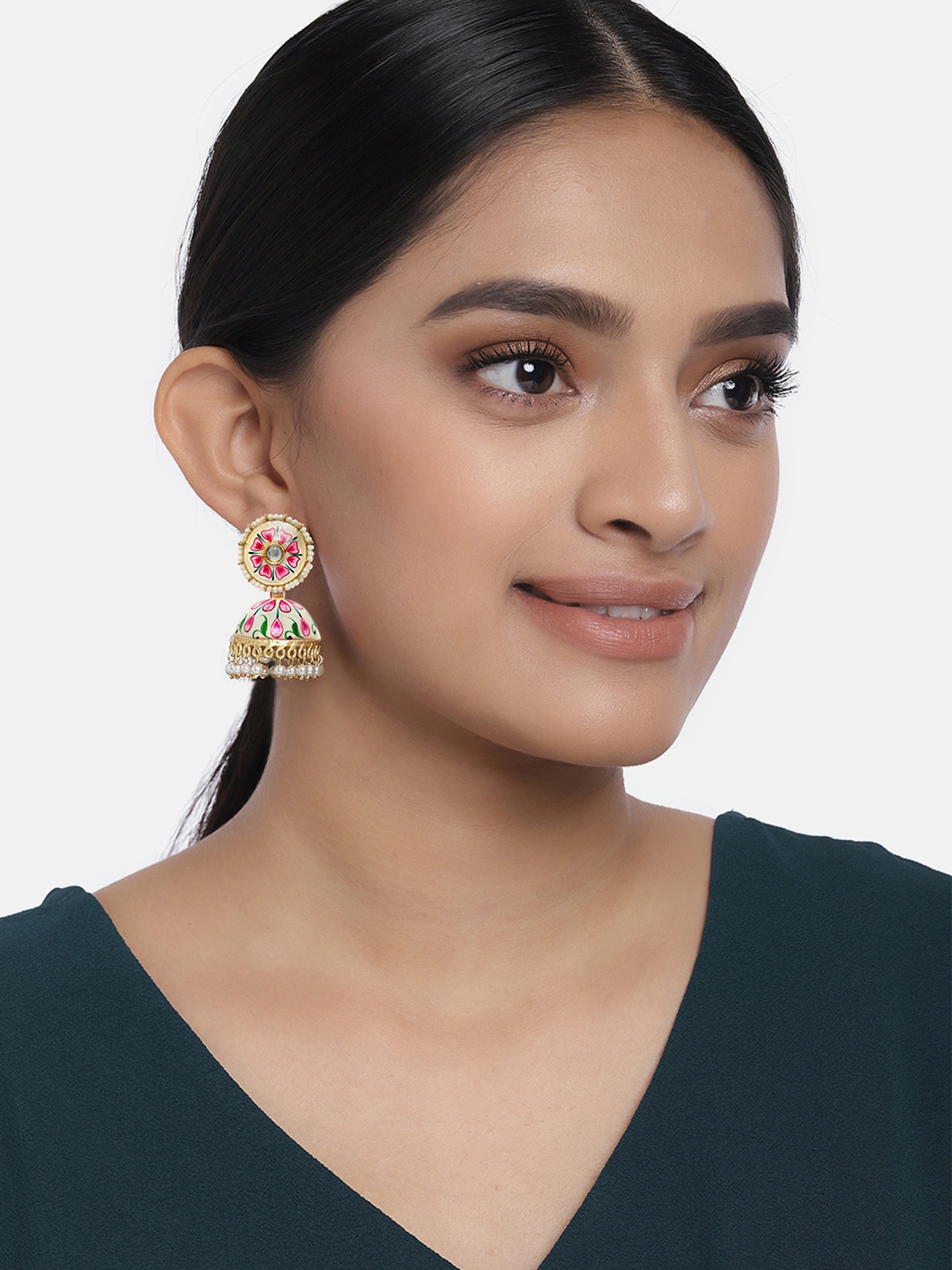 

Peora Gold-Plated & White Enamelled Dome Shaped Jhumkas
