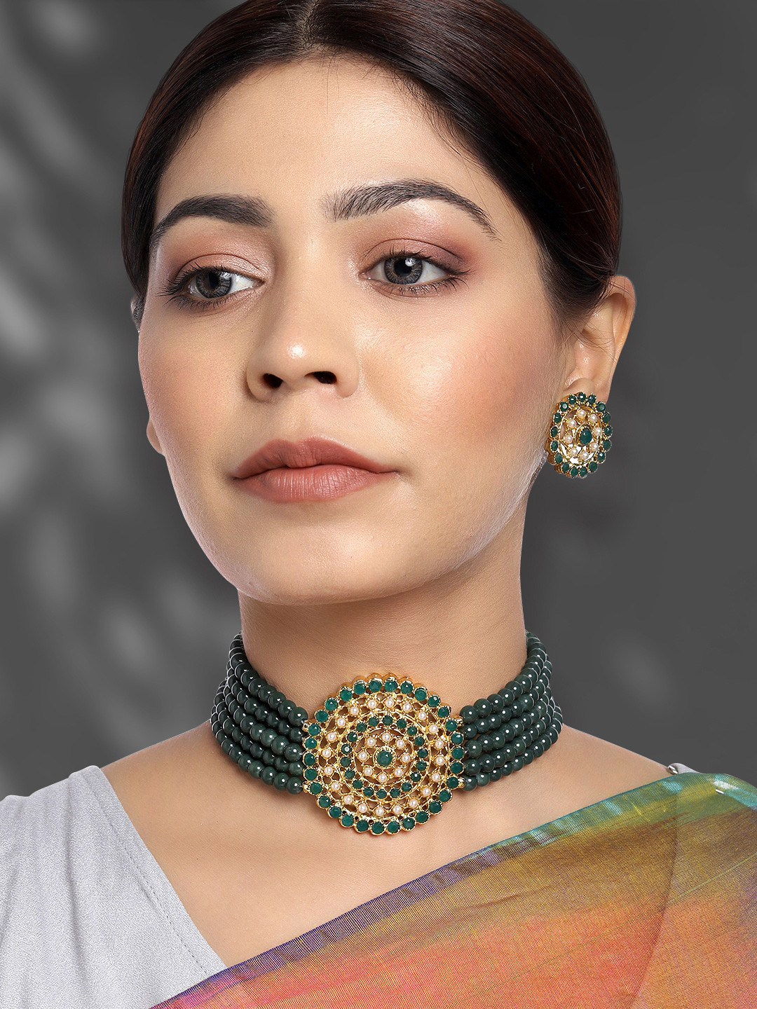 

Peora Green Gold Plated Choker Necklace with Oversized Stud Earrings Jewellery Set