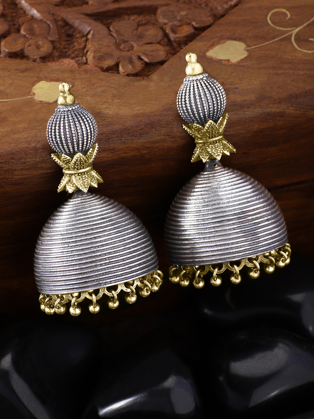

Peora Silver-Plated & Gold-Toned Oxidised Dome Shaped Jhumkas