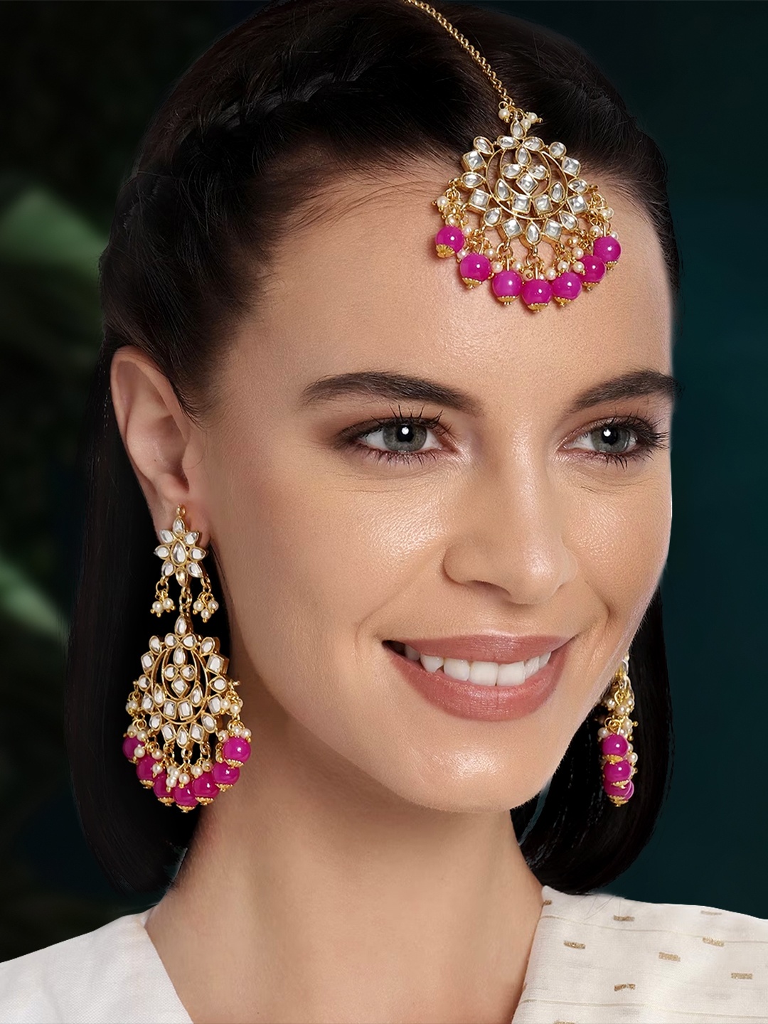 

Peora Gold Plated & Pink Kundan Set of Earrings with Maang Tika