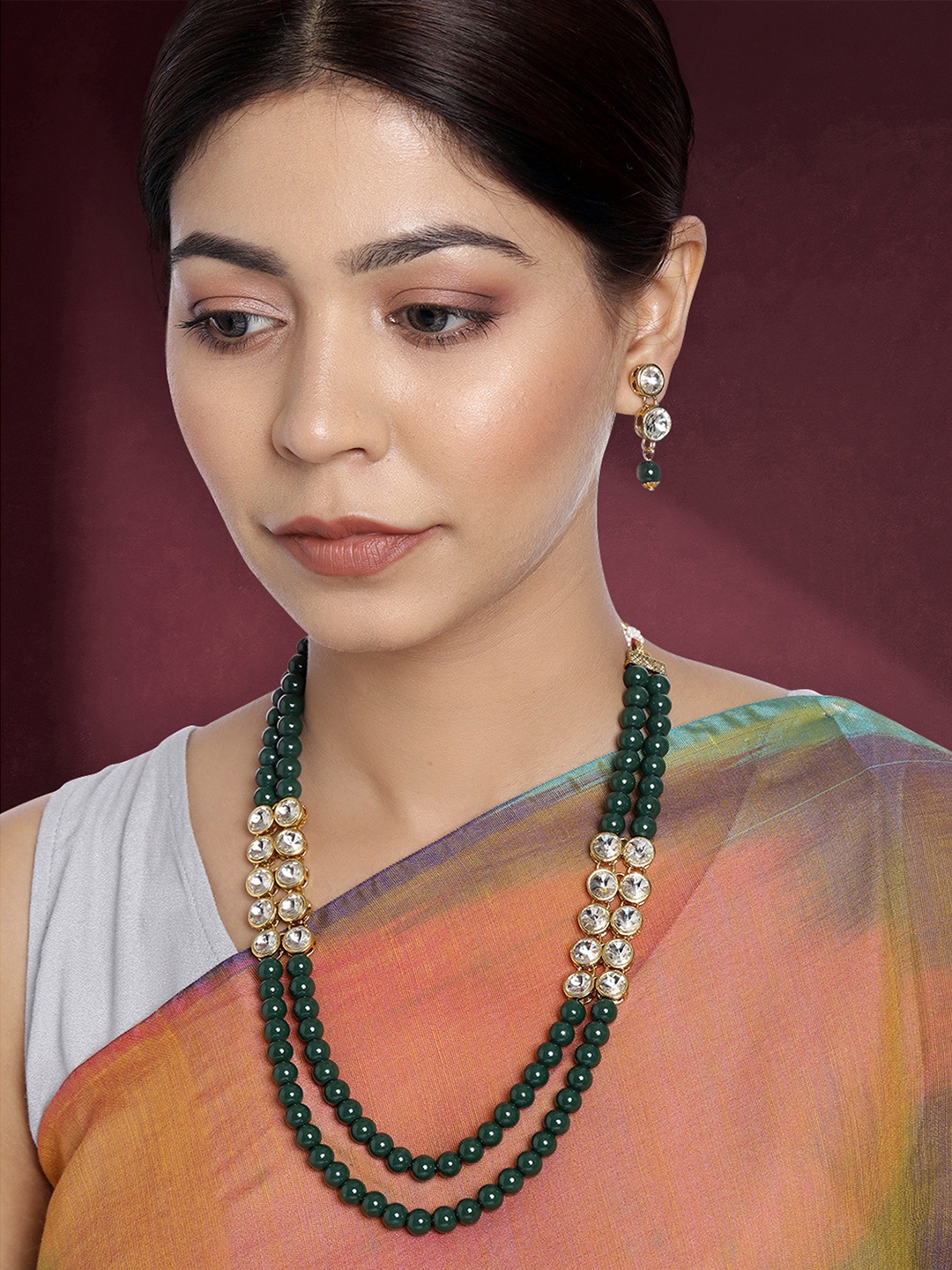 

Peora Green Gold Plated Kundan Layered Necklace with Earring Jewellery Set