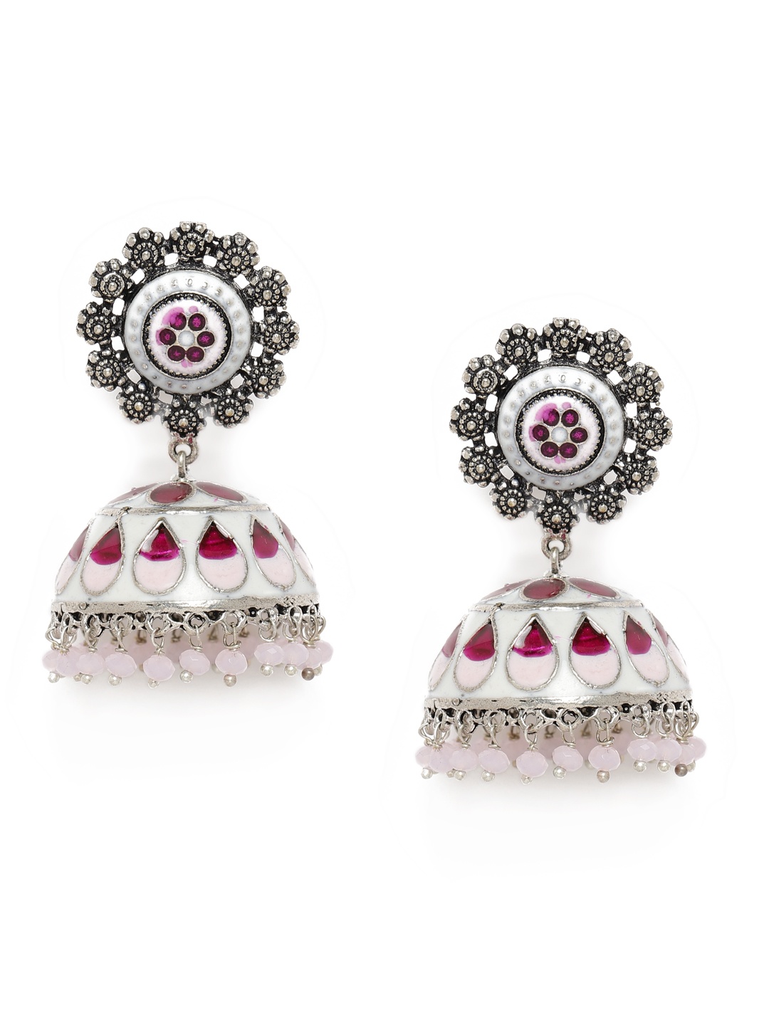 

Peora Silver-Plated & White Enamelled Dome Shaped Jhumkas