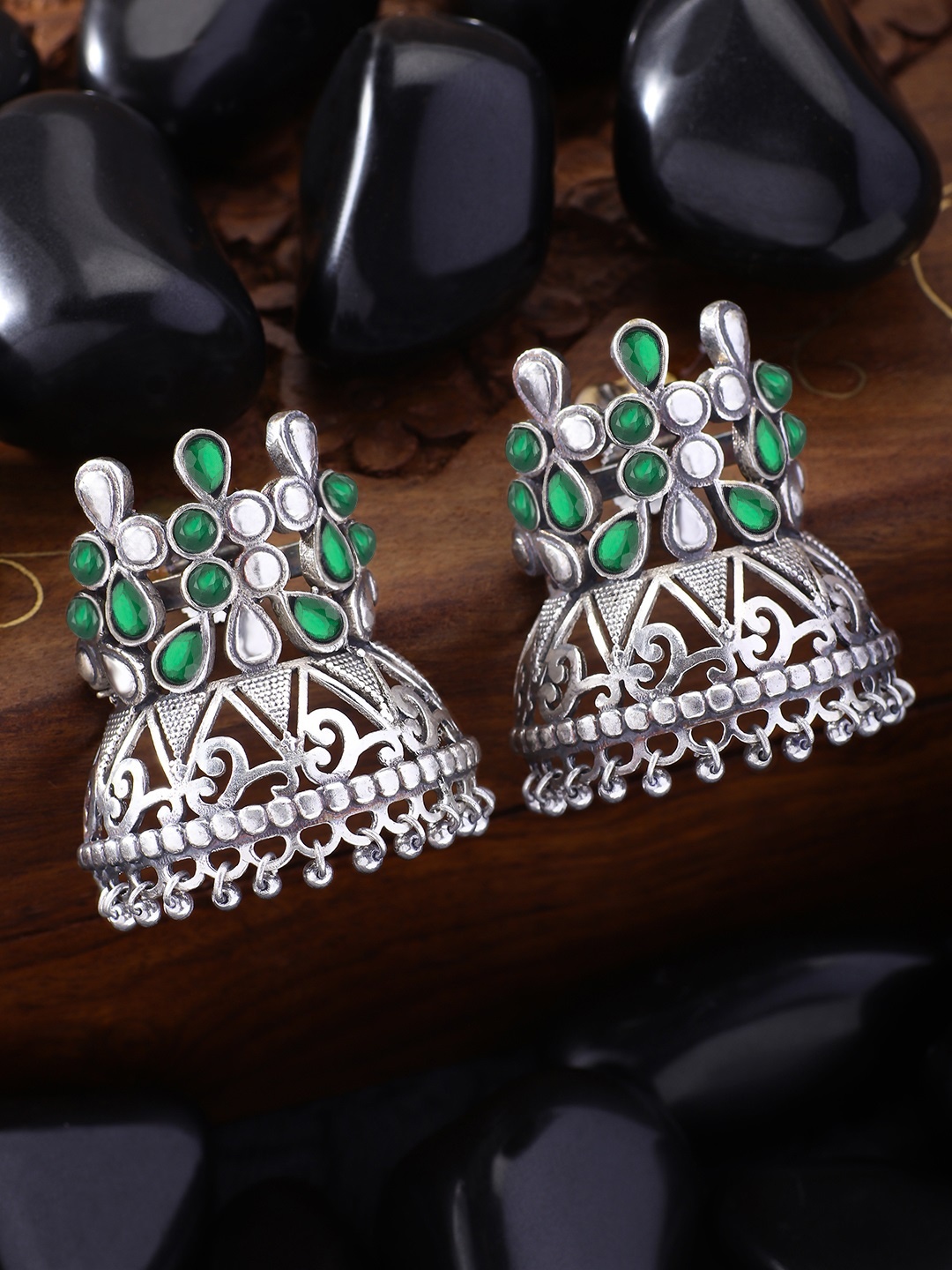 

Peora Oxidized Silver-Toned & Green Afghani Tribal Contemporary Drop Earrings